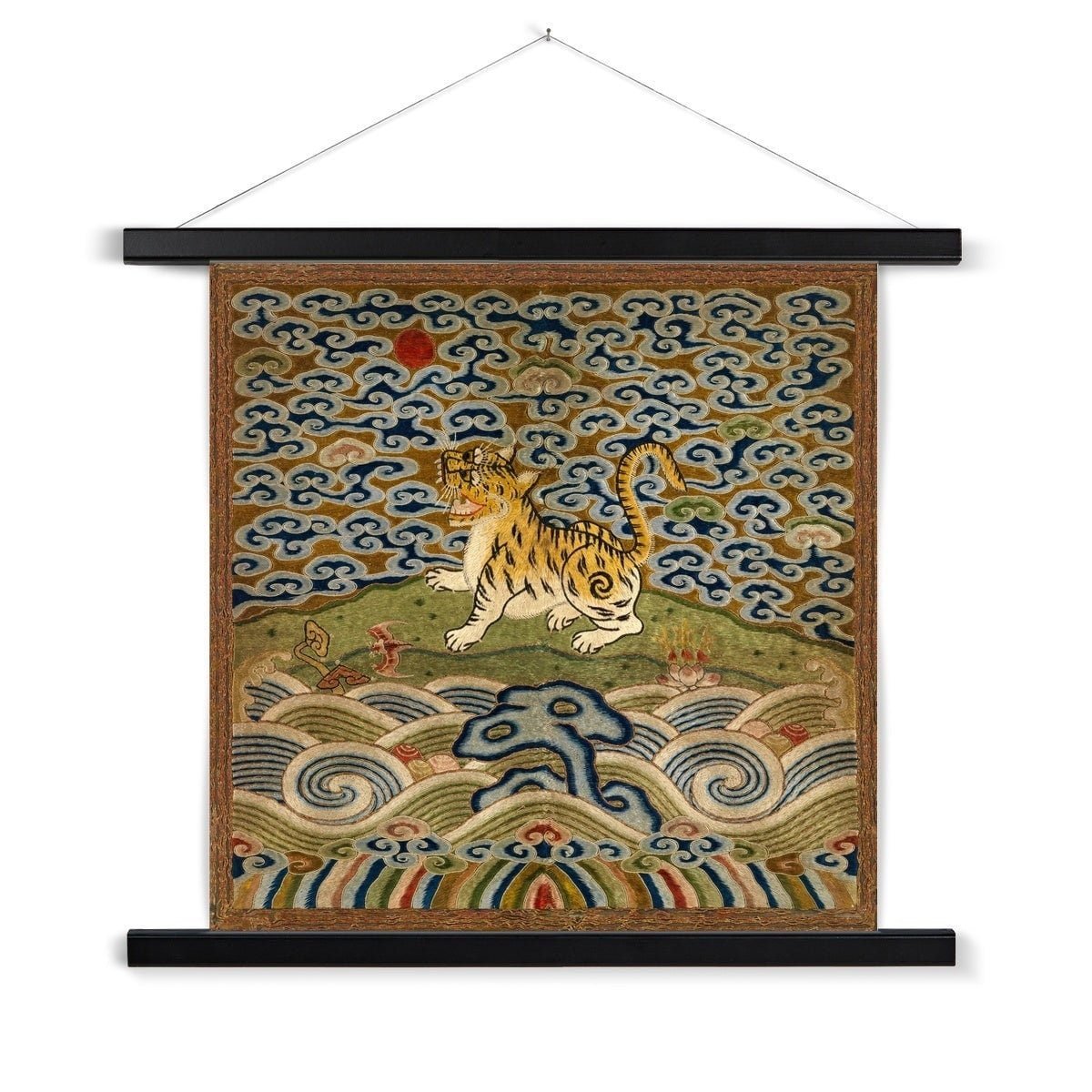 Hangar Thangka Qing Dynasty, Chinese Silk Embroidery | Leopard Lion Cat Mandarin Square Thangka  | Vintage Fine Art Print with Hanger