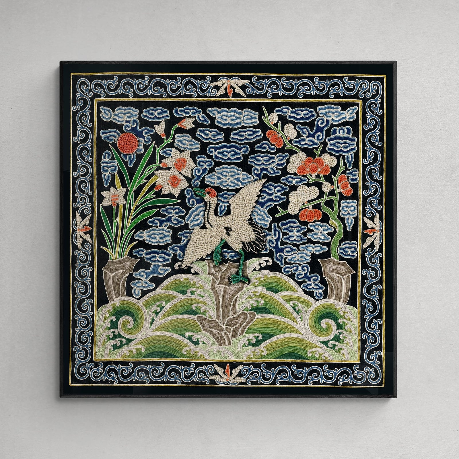 Qing Dynasty, Chinese Silk Embroidery Marsh Heron Mandarin Square Fine Art Print