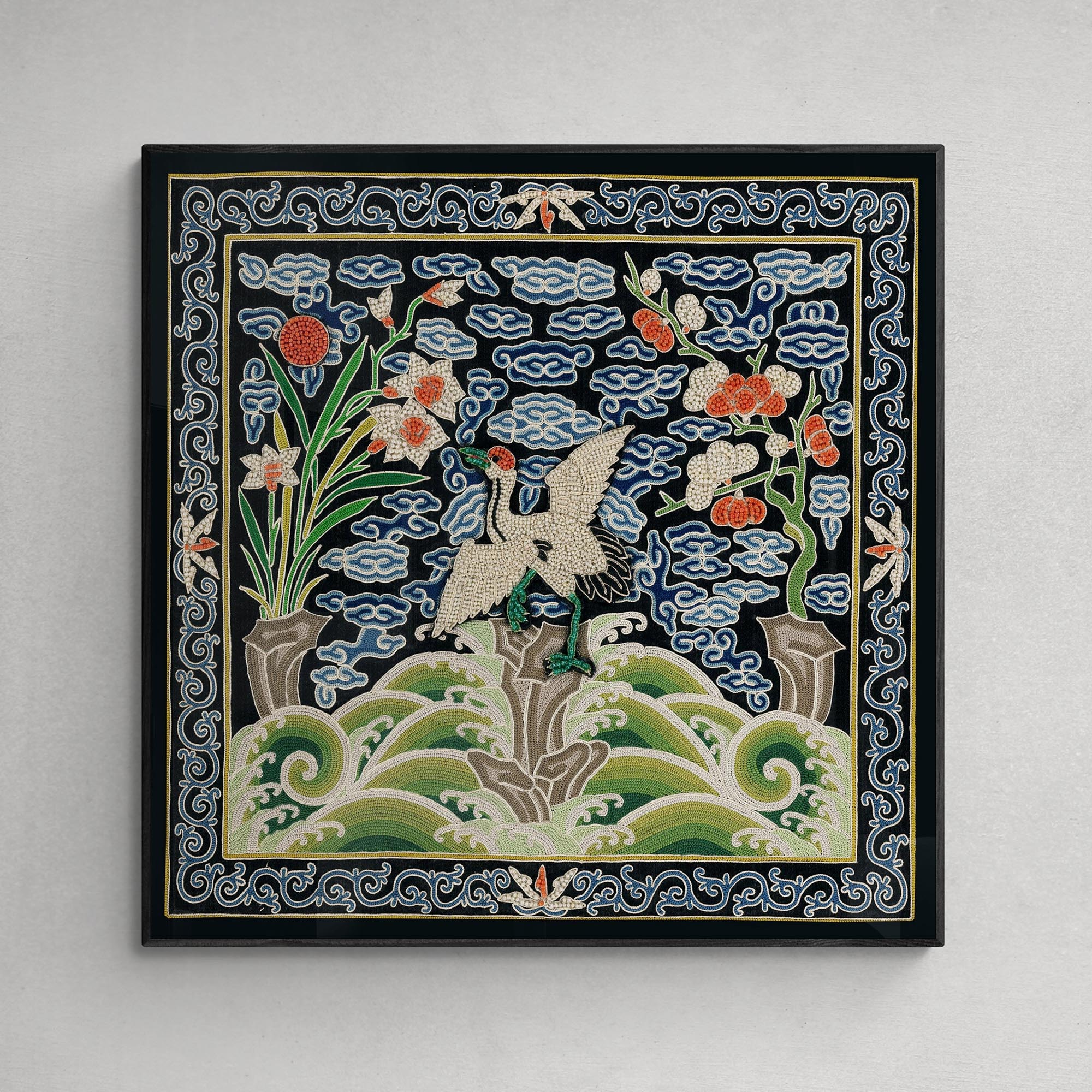 giclee 6"x6" Qing Dynasty, Chinese Silk Embroidery Marsh Heron Mandarin Square Fine Art Print