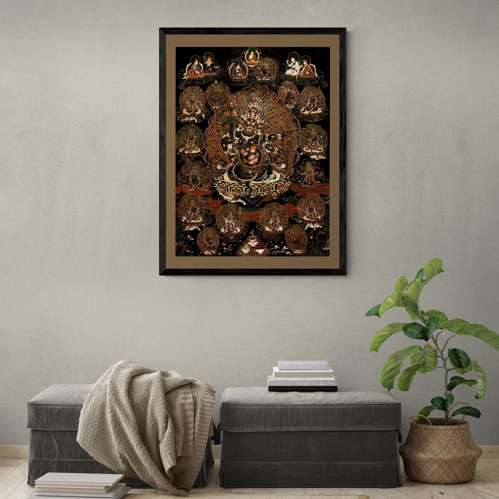 Rahula and His Assembly | Tibetan Buddhist Dharma Protector | Vajrayana Mahayana Meditation Bodhisattva Vintage Framed Art Print