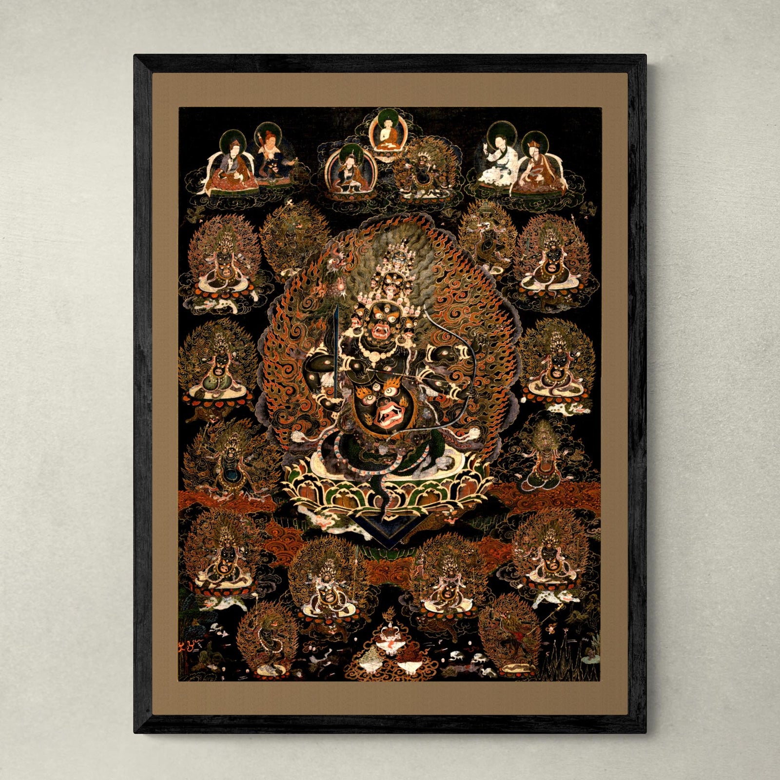 Fine art 6"x8" / Black Frame Rahula and His Assembly | Tibetan Buddhist Dharma Protector | Vajrayana Mahayana Meditation Bodhisattva Vintage Framed Art Print