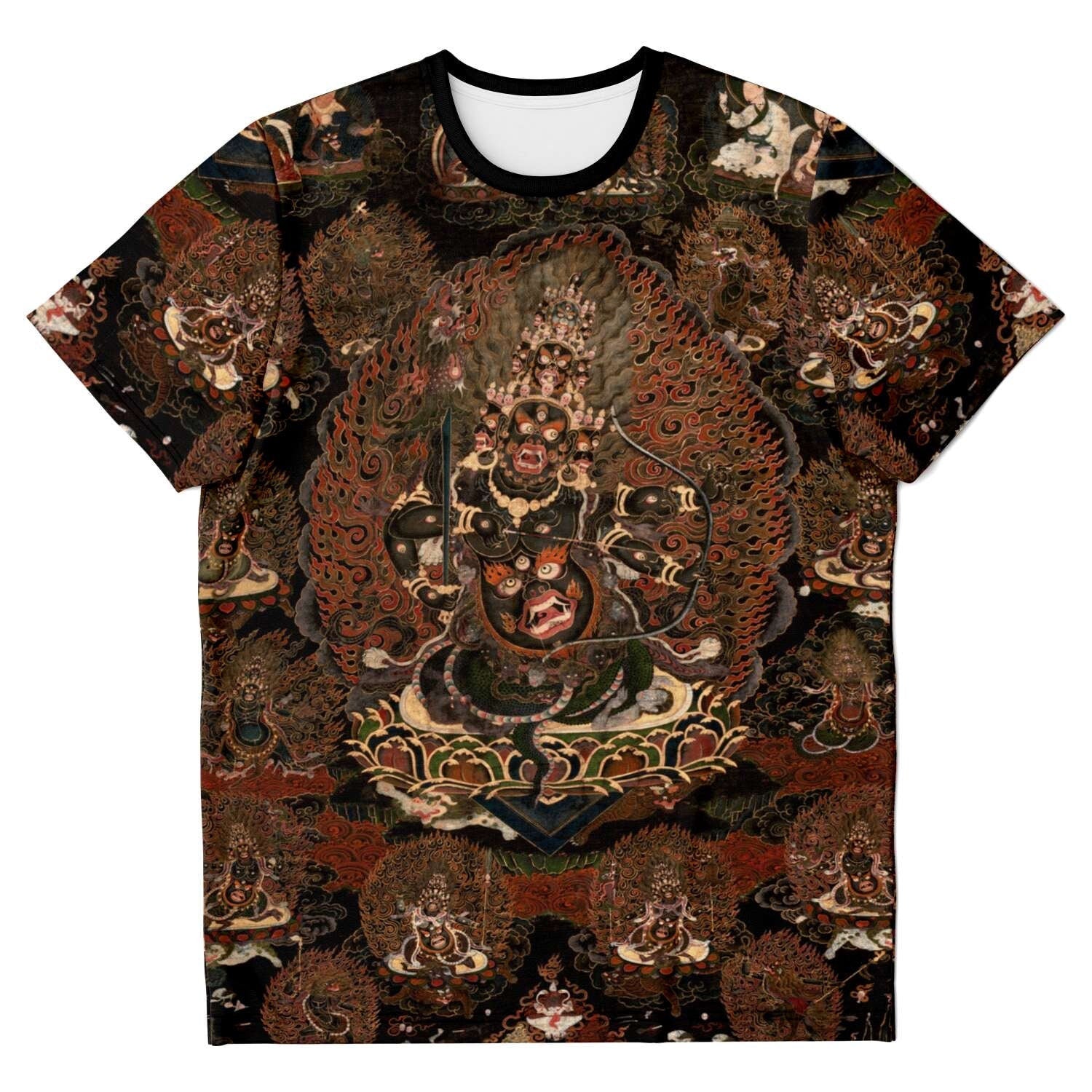 T-shirt Rahula: Three Treasure Protector of Tibetan Buddhism Thangka Antique Wrathful Deity Vintage Folk Art T-Shirt Tee