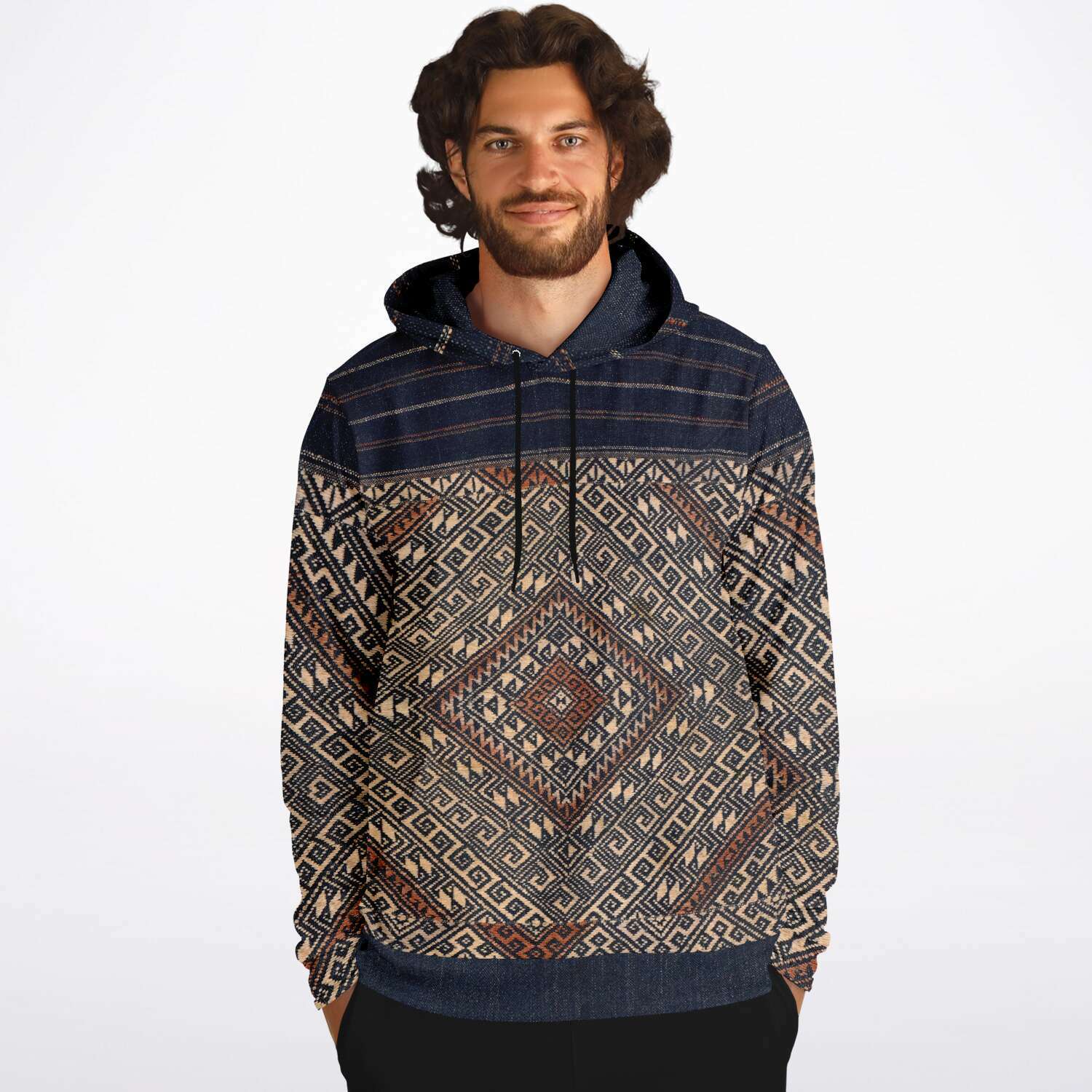 Fashion Hoodie - AOP Rare Miao Traditional Textile | SE Asian Batik Ikat Vintage Gift | Boho Kuba, Kilim, Ethnic Shaman Jacket | Pullover Tribal Hoodie