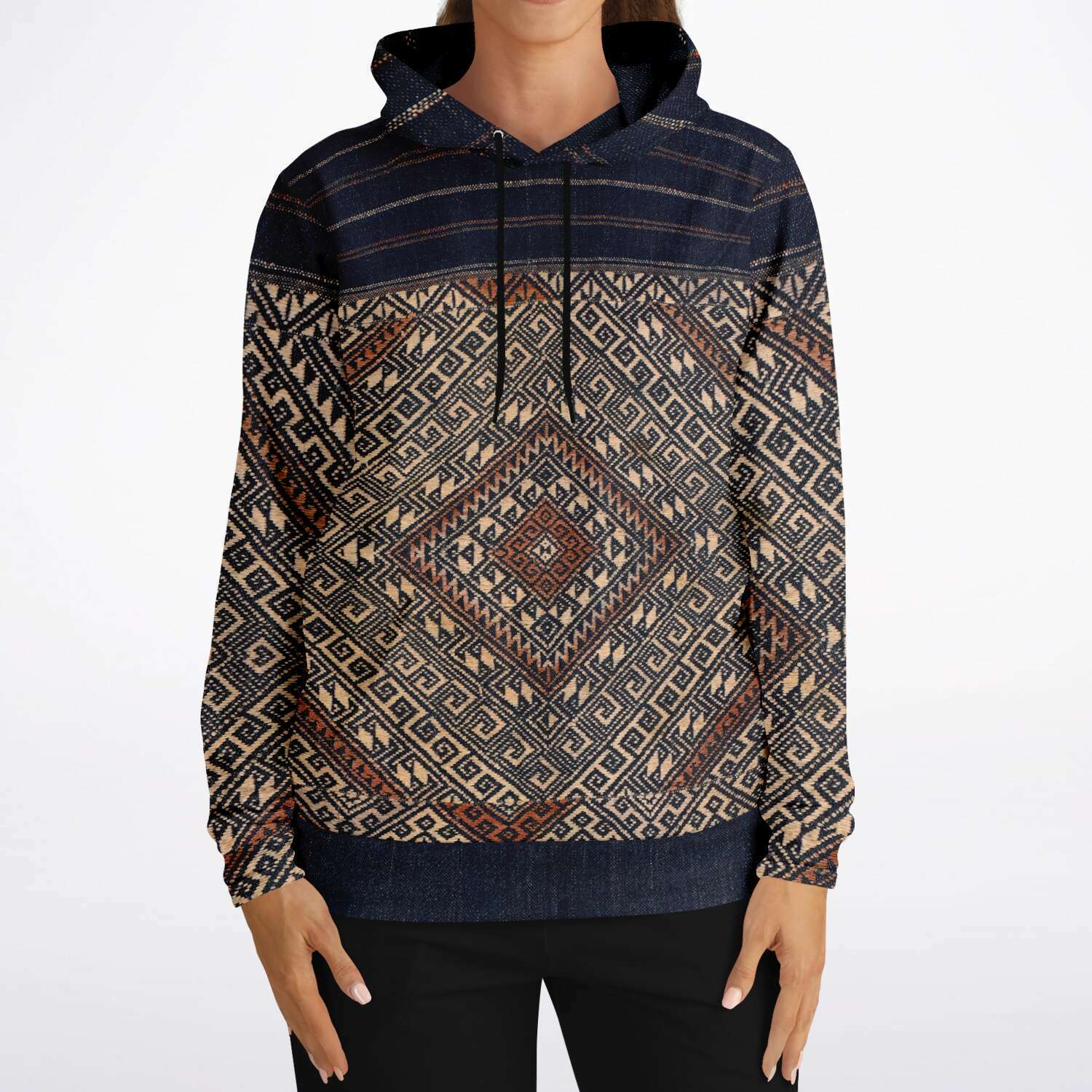 Fashion Hoodie - AOP Rare Miao Traditional Textile | SE Asian Batik Ikat Vintage Gift | Boho Kuba, Kilim, Ethnic Shaman Jacket | Pullover Tribal Hoodie