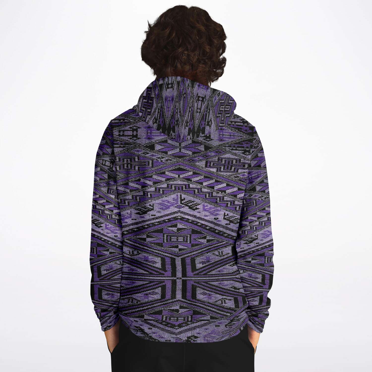 Rare Unisex Ikat-Inspired Ethnic Purple Violet Bohemian Hippy Batik Thai Bali Indonesia SE Asian Textile Design Tribal Pullover Hoodie