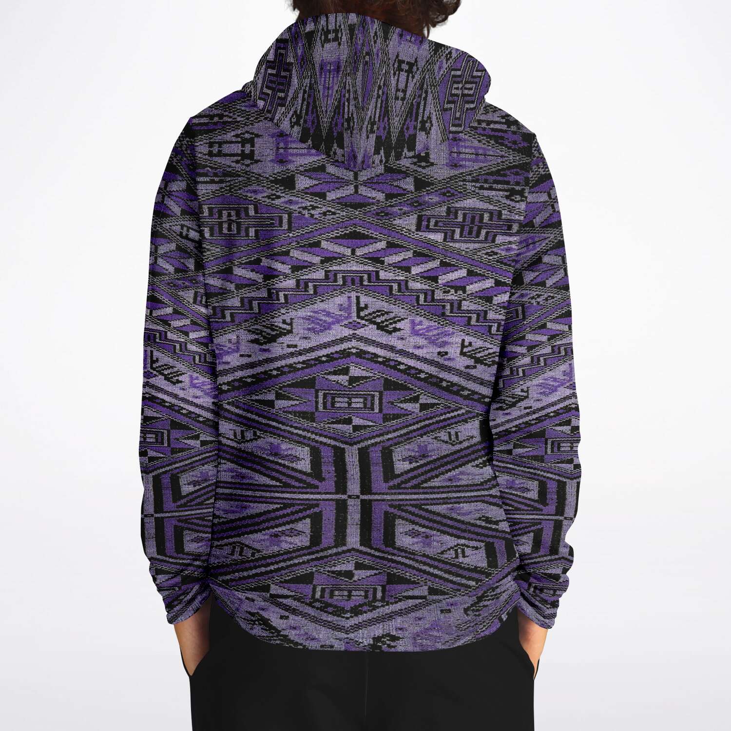 Rare Unisex Ikat-Inspired Ethnic Purple Violet Bohemian Hippy Batik Thai Bali Indonesia SE Asian Textile Design Tribal Pullover Hoodie