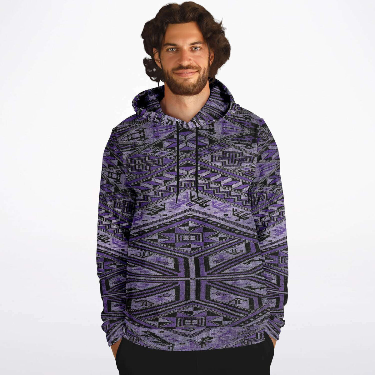 Rare Unisex Ikat-Inspired Ethnic Purple Violet Bohemian Hippy Batik Thai Bali Indonesia SE Asian Textile Design Tribal Pullover Hoodie