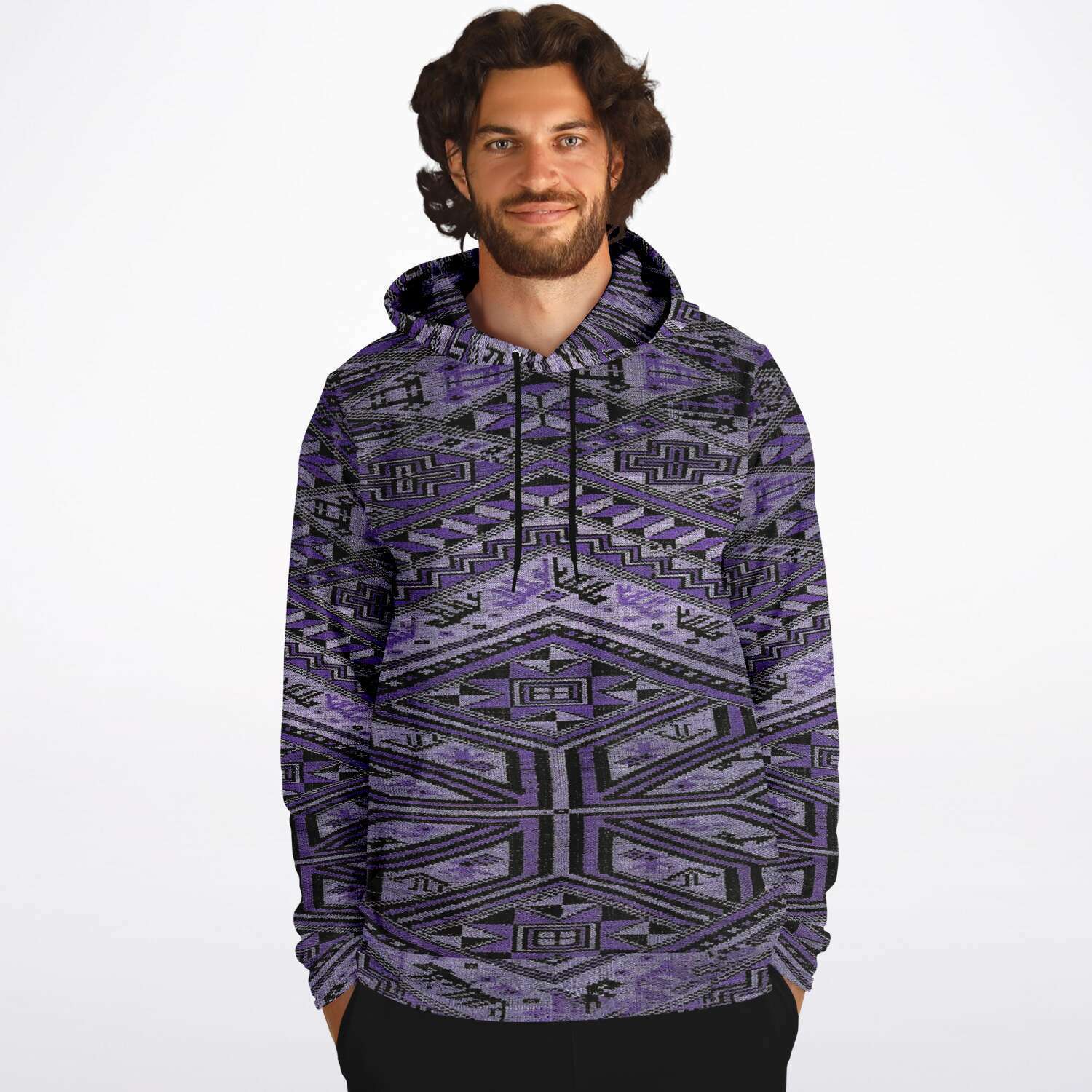 Fashion Hoodie - AOP Rare Unisex Ikat-Inspired Ethnic Purple Violet Bohemian Hippy Batik Thai Bali Indonesia SE Asian Textile Design Tribal Pullover Hoodie