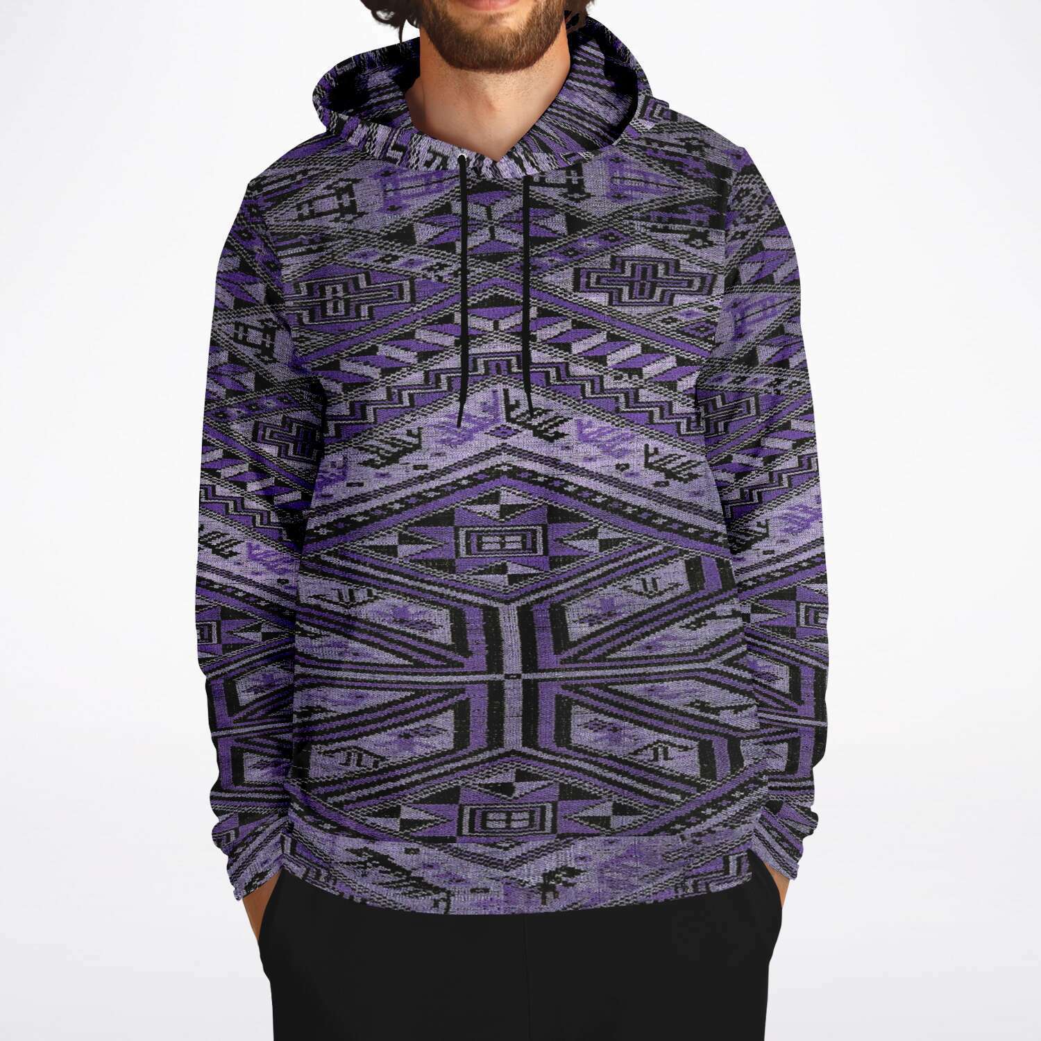 Rare Unisex Ikat-Inspired Ethnic Purple Violet Bohemian Hippy Batik Thai Bali Indonesia SE Asian Textile Design Tribal Pullover Hoodie