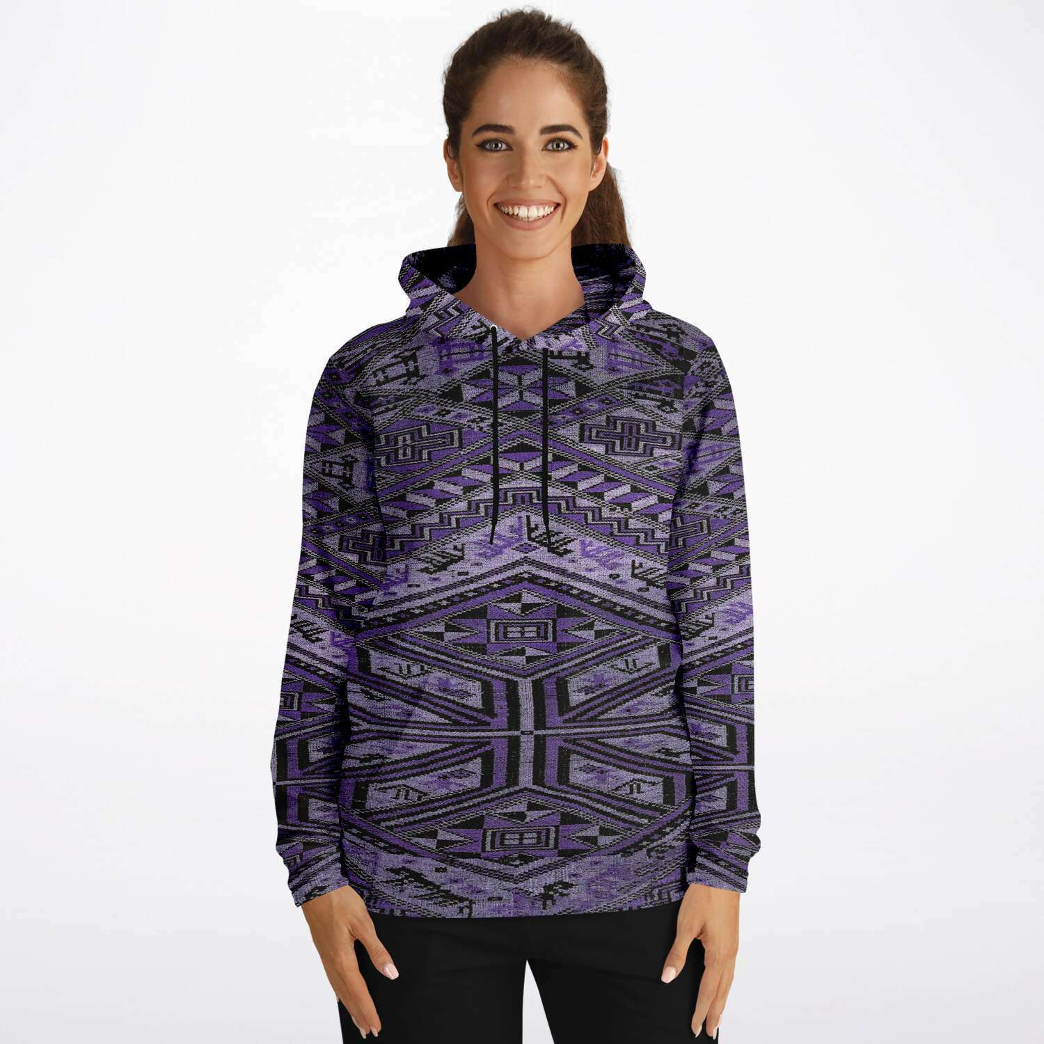 Rare Unisex Ikat-Inspired Ethnic Purple Violet Bohemian Hippy Batik Thai Bali Indonesia SE Asian Textile Design Tribal Pullover Hoodie