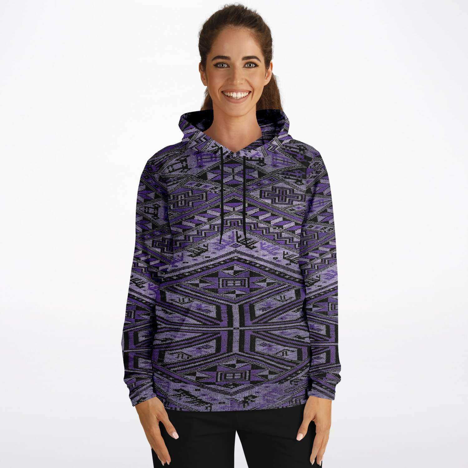 Fashion Hoodie - AOP Rare Unisex Ikat-Inspired Ethnic Purple Violet Bohemian Hippy Batik Thai Bali Indonesia SE Asian Textile Design Tribal Pullover Hoodie