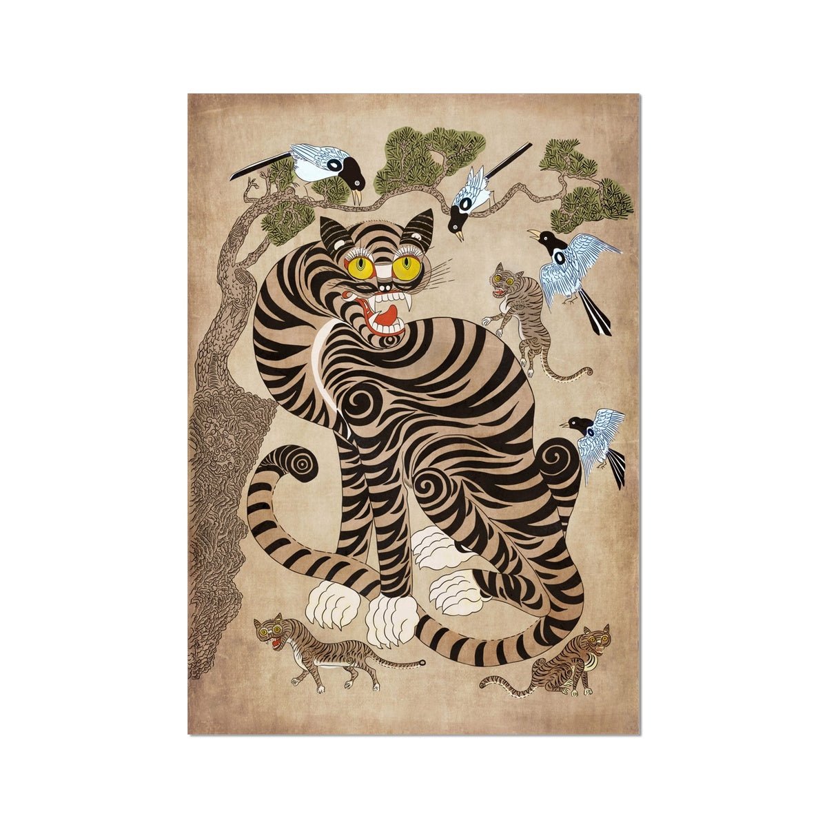 Fine art 4"x6" Rare Vintage Baekdu-daegan Tigers | Classic Korean Mythology Folklore | Nursery, Kid's Room Fun Jungle Decor | Cute Kawaii Fine Art Print