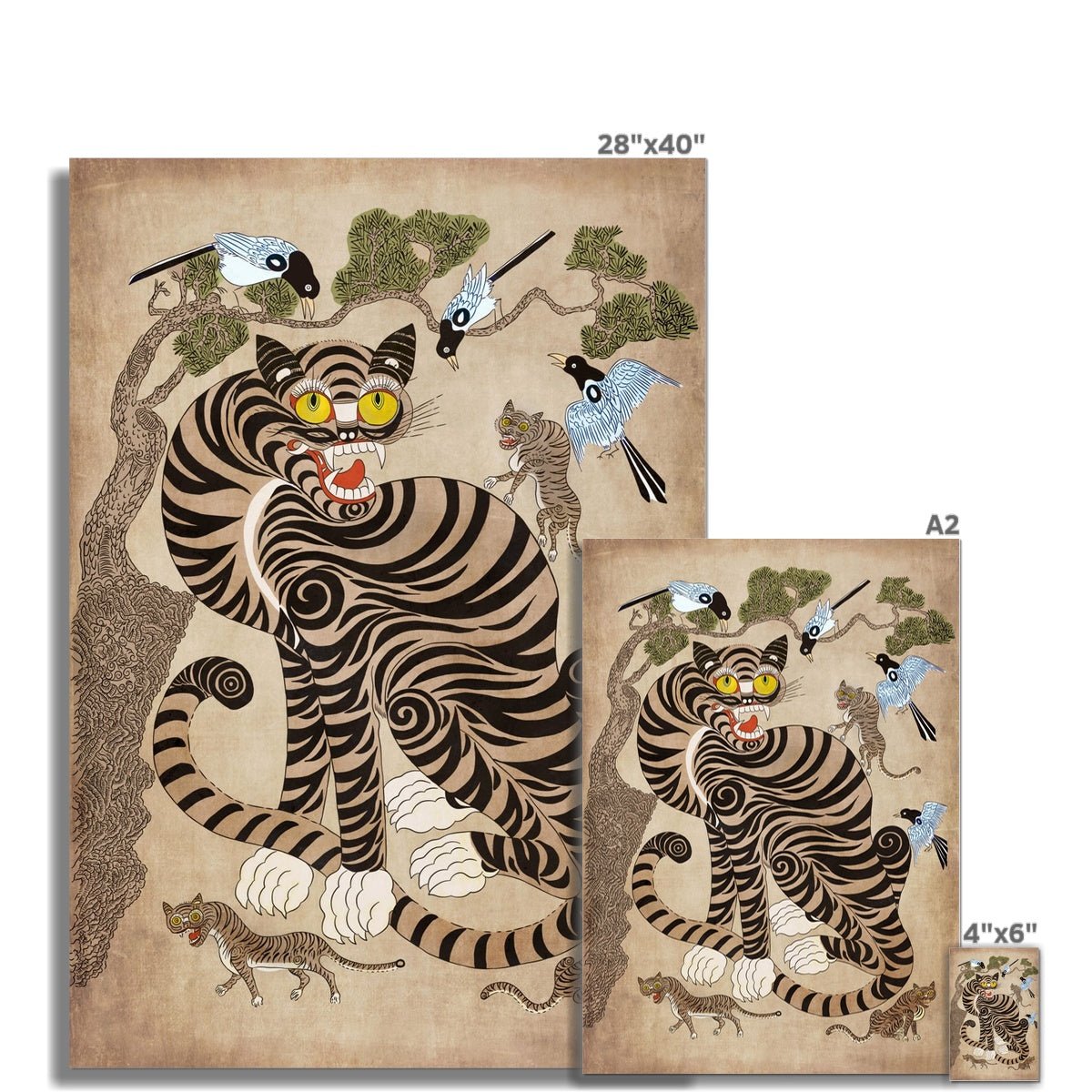 Rare Vintage Baekdu-daegan Tigers | Classic Korean Mythology Folklore | Nursery, Kid's Room Fun Jungle Decor | Cute Kawaii Fine Art Print
