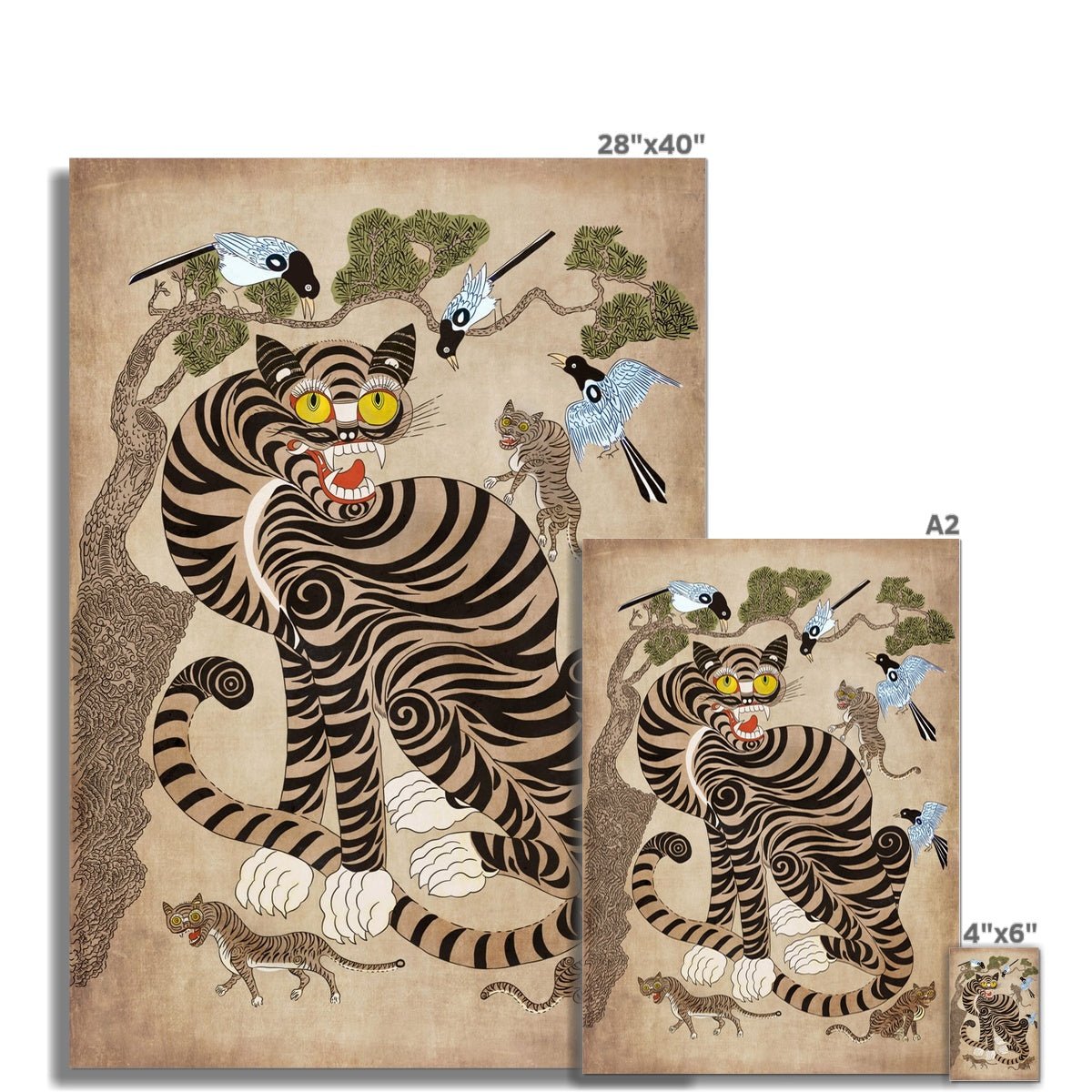 Fine art Rare Vintage Baekdu-daegan Tigers | Classic Korean Mythology Folklore | Nursery, Kid's Room Fun Jungle Decor | Cute Kawaii Fine Art Print