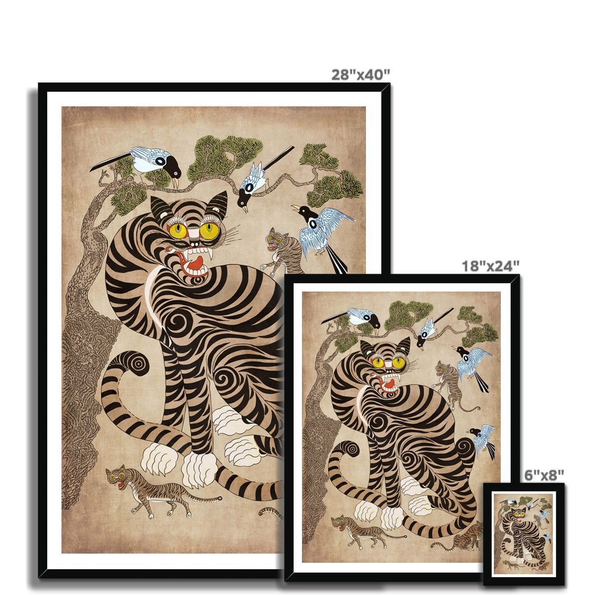 Fine art Rare Vintage Korean Minhwa Tiger and Magpie | Classic Mythology Folklore Painting | Cat Lover Home Boho Decor | Cute Kawaii Framed Art Print