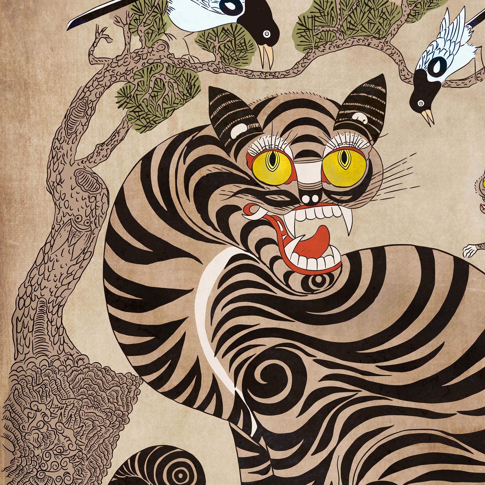 Fine art Rare Vintage Korean Minhwa Tiger and Magpie | Classic Mythology Folklore Painting | Cat Lover Home Boho Decor | Cute Kawaii Framed Art Print