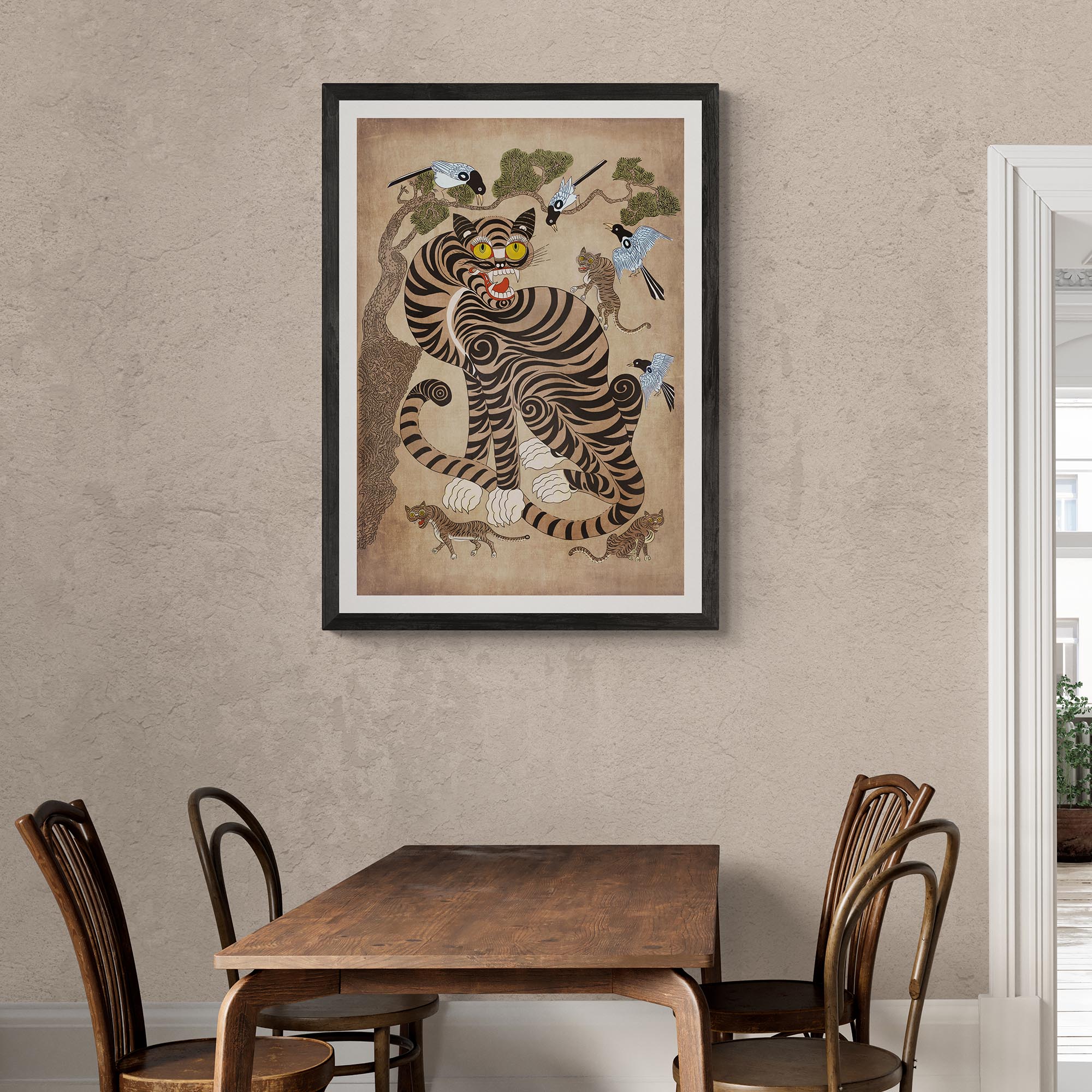 Fine art 6"x8" / Black Frame Rare Vintage Korean Minhwa Tiger and Magpie | Classic Mythology Folklore Painting | Cat Lover Home Boho Decor | Cute Kawaii Framed Art Print