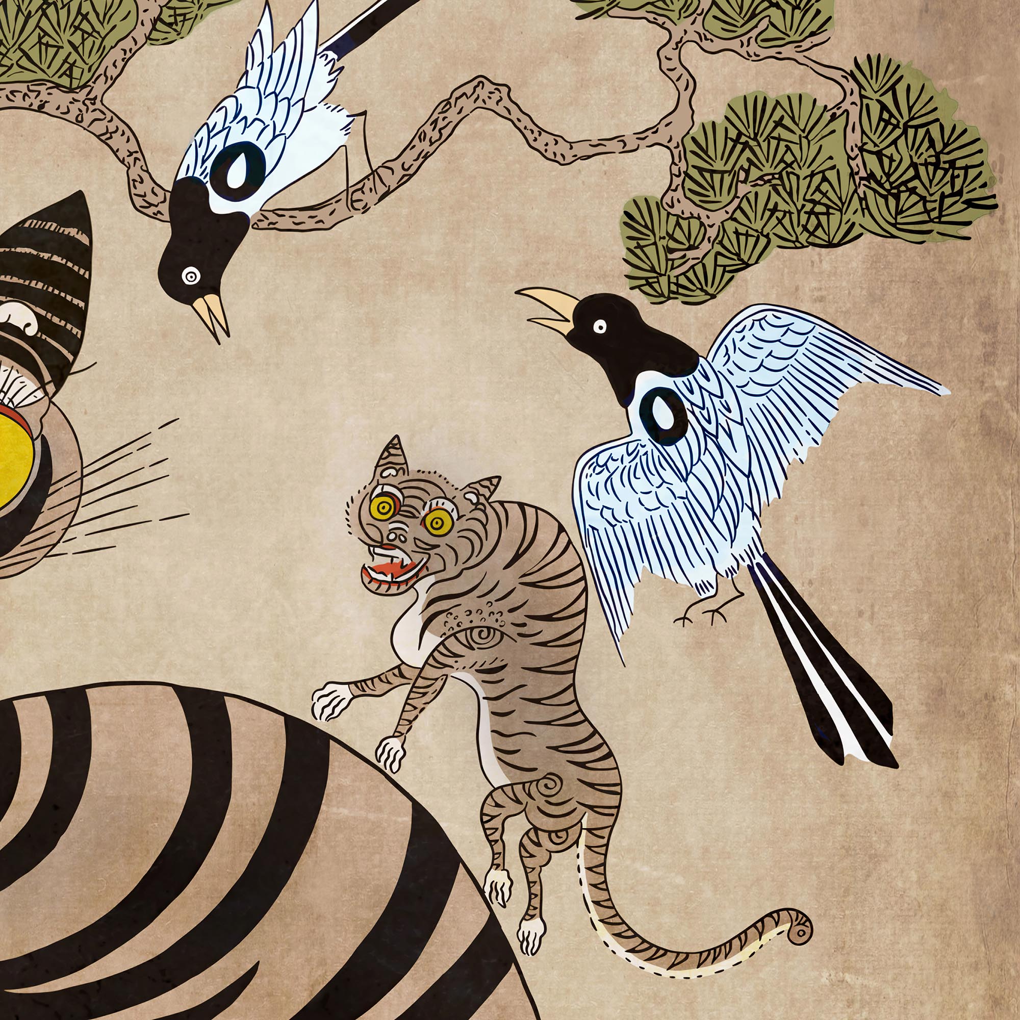 Rare Vintage Korean Minhwa Tiger and Magpie | Classic Mythology Folklore Painting | Cat Lover Home Boho Decor | Cute Kawaii Framed Art Print