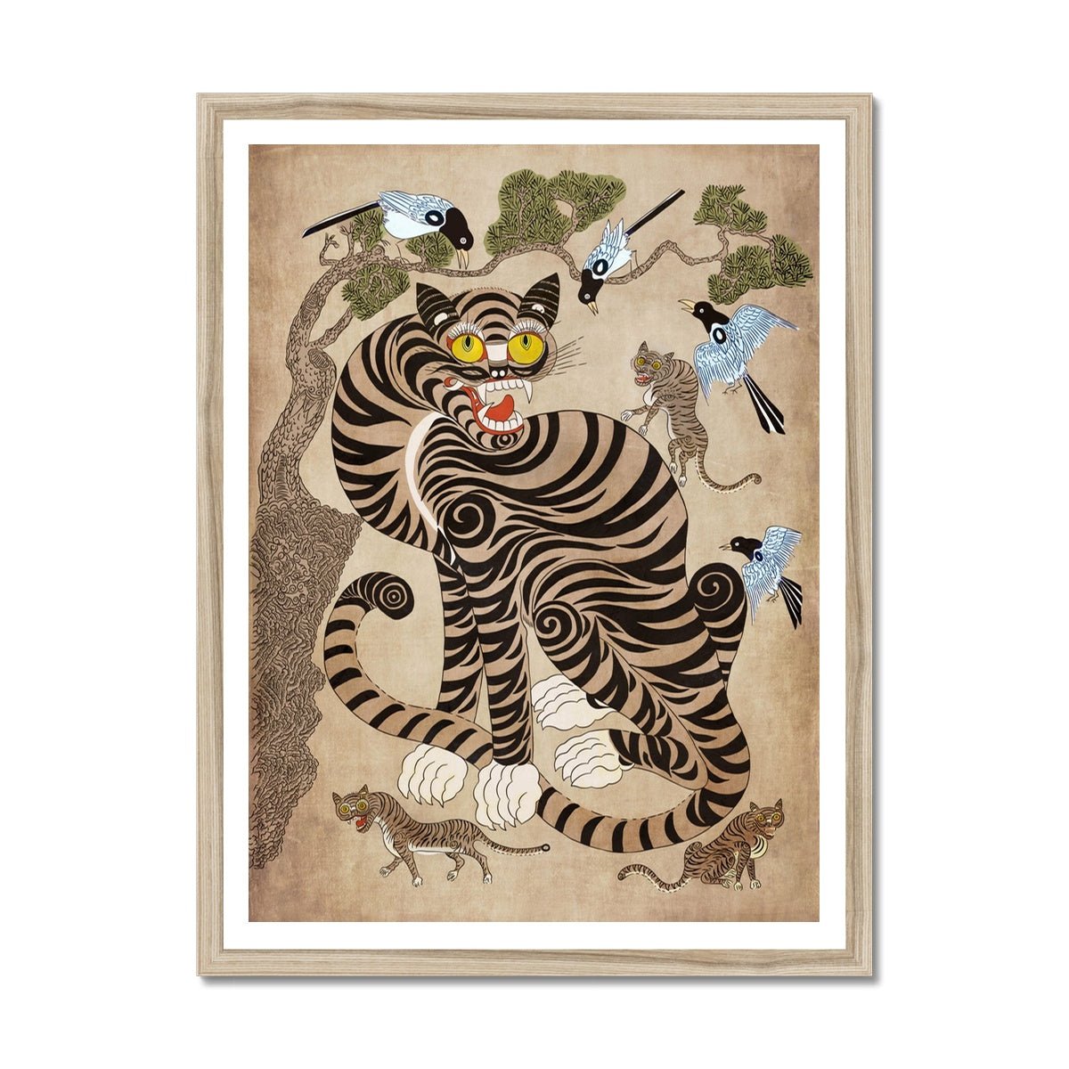 Fine art 6"x8" / Natural Frame Rare Vintage Korean Minhwa Tiger and Magpie | Classic Mythology Folklore Painting | Cat Lover Home Boho Decor | Cute Kawaii Framed Art Print