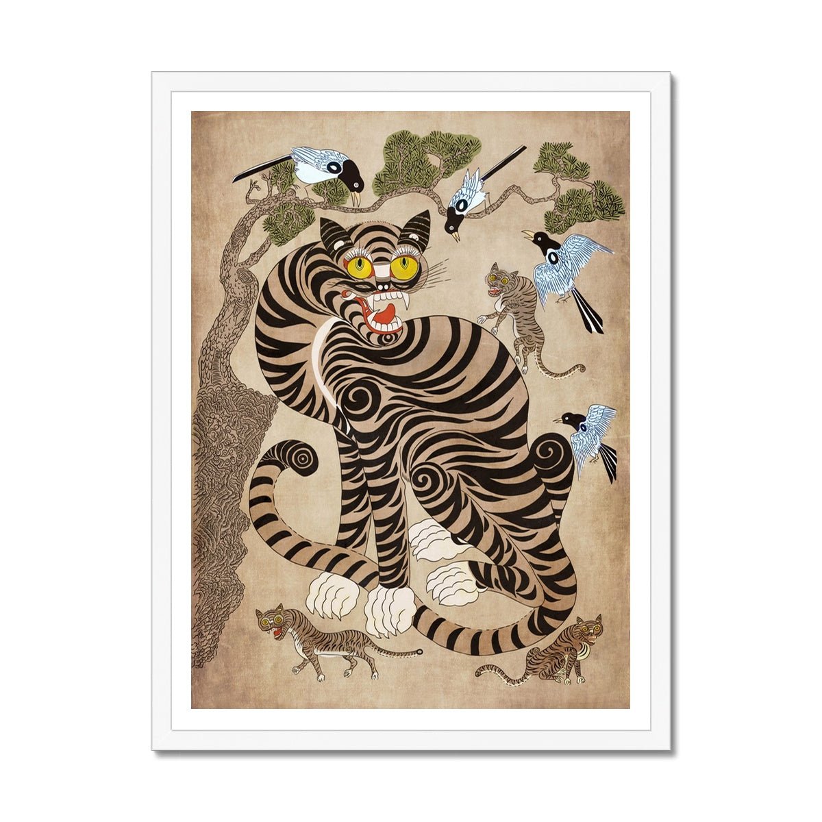 Fine art 6"x8" / White Frame Rare Vintage Korean Minhwa Tiger and Magpie | Classic Mythology Folklore Painting | Cat Lover Home Boho Decor | Cute Kawaii Framed Art Print