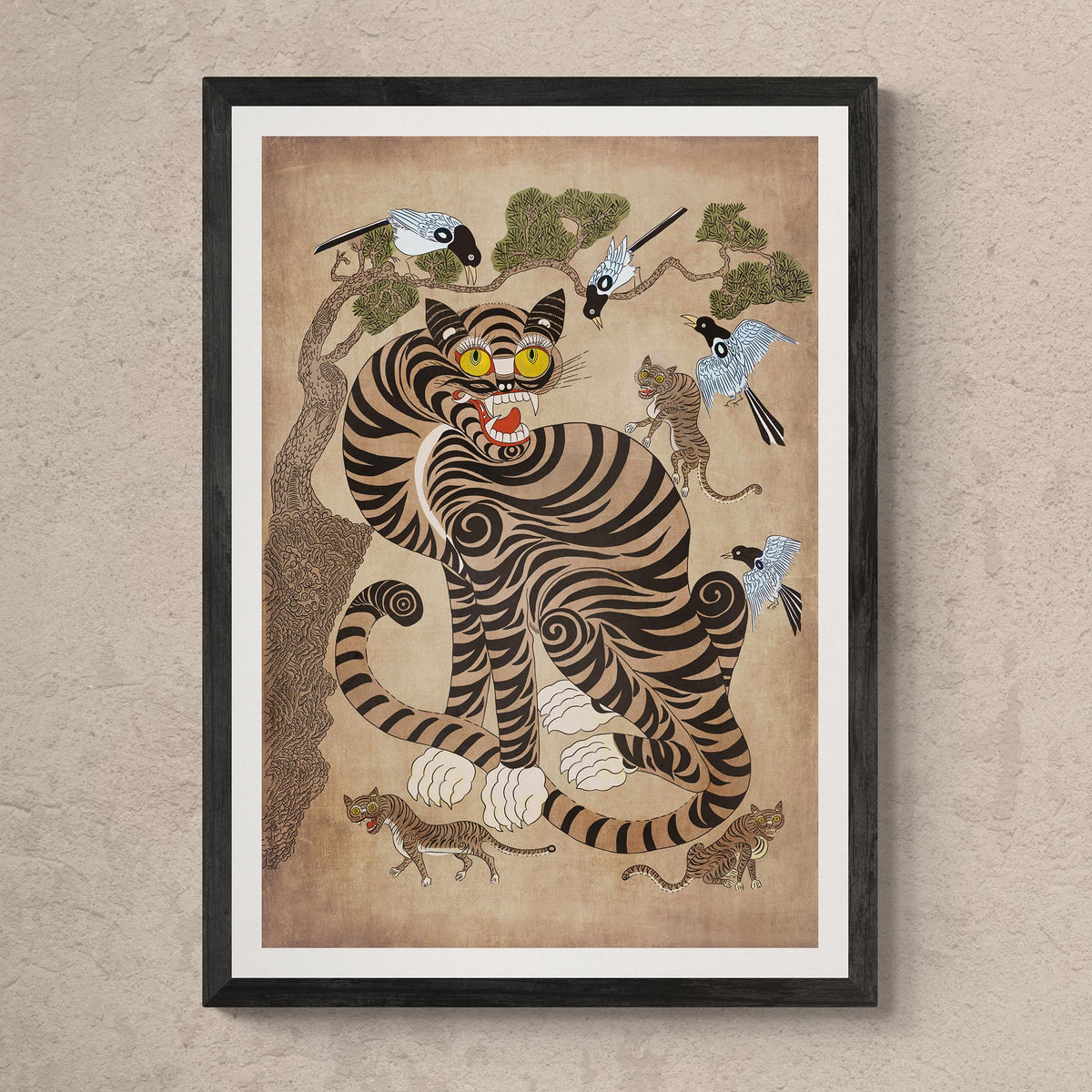 Fine art 6&quot;x8&quot; / Black Frame Rare Vintage Korean Minhwa Tiger and Magpie | Classic Mythology Folklore Painting | Cat Lover Home Boho Decor | Cute Kawaii Framed Art Print