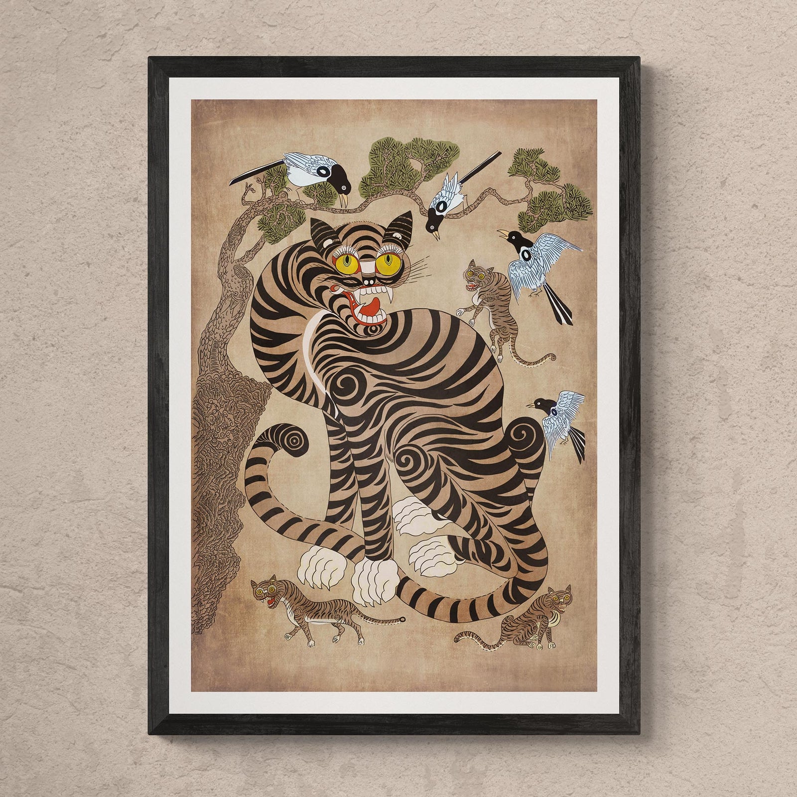 Fine art 6"x8" / Black Frame Rare Vintage Korean Minhwa Tiger and Magpie | Classic Mythology Folklore Painting | Cat Lover Home Boho Decor | Cute Kawaii Framed Art Print