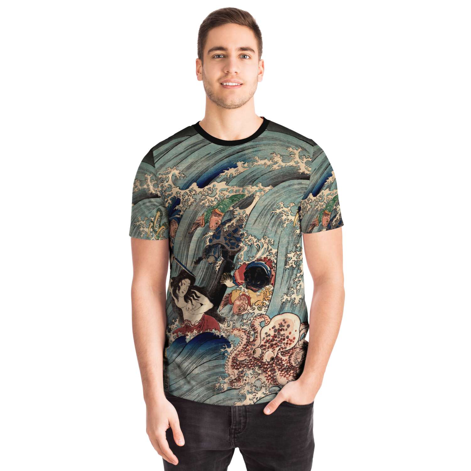 AOP T-Shirt Recovering The Stolen Jewel from the Palace of the Dragon King | Japanese Folklore, Mythology, Kawaii Ukiyo-e Woodblock Print T-Shirt Tee