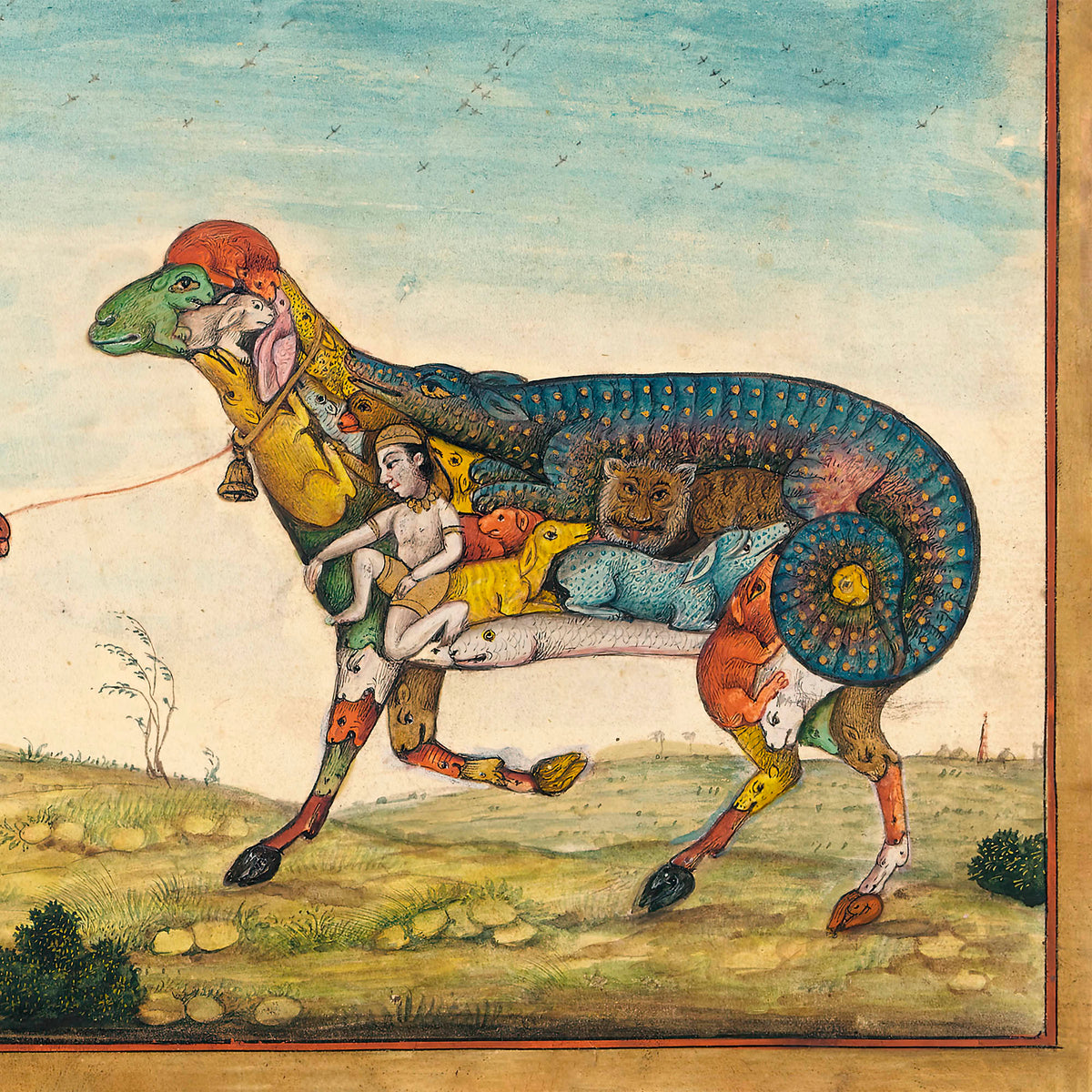 Remastered Mughal-Period Indian Demon Leading a Surreal Composite Sheep | Persian Folklore Mythology Islamic Framed Art Print