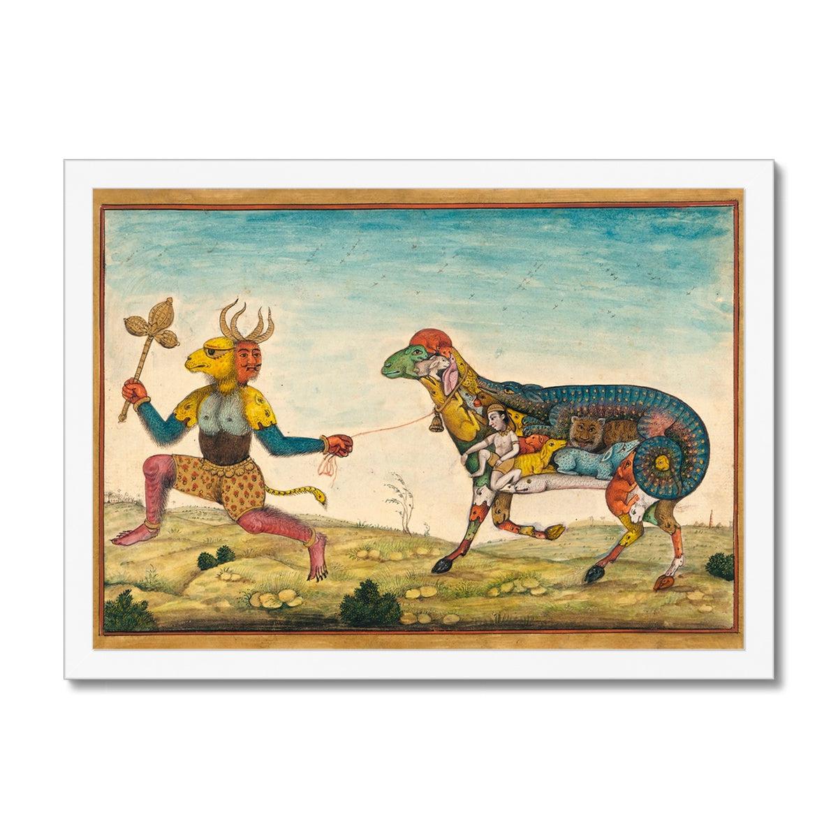 Remastered Mughal-Period Indian Demon Leading a Surreal Composite Sheep | Persian Folklore Mythology Islamic Framed Art Print