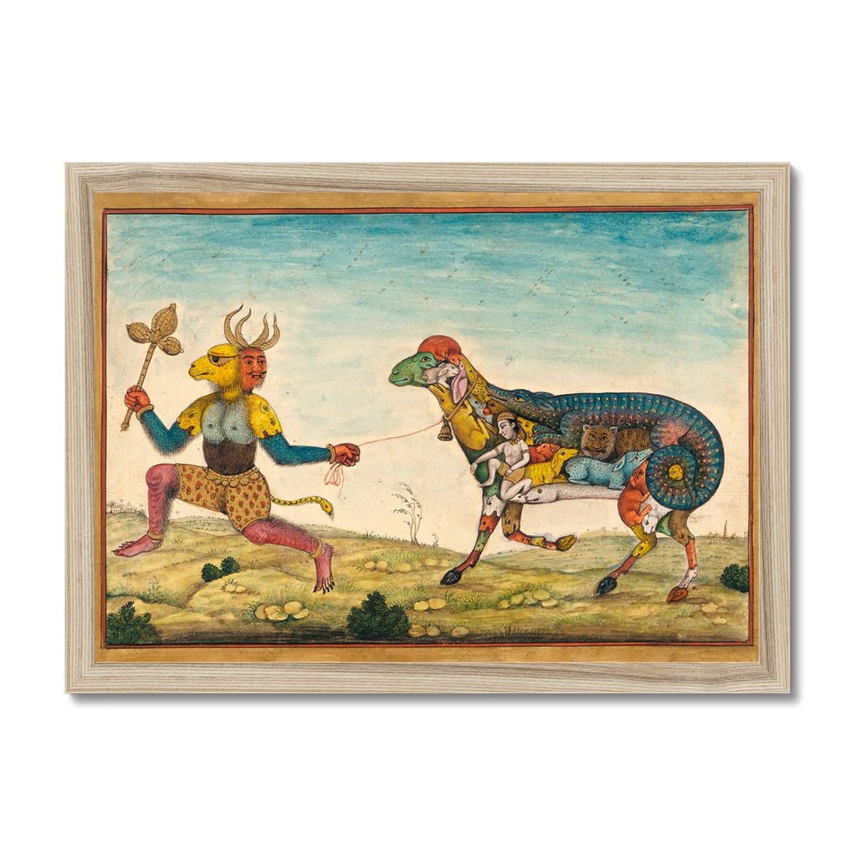 Remastered Mughal-Period Indian Demon Leading a Surreal Composite Sheep | Persian Folklore Mythology Islamic Framed Art Print