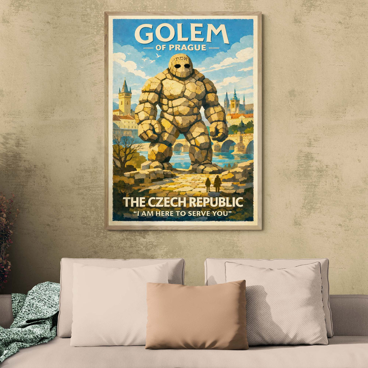 Golem of Prague Travel Poster | Jewish Mysticism Folklore | Vintage Kabbalah Monster, Surreal Fine Art Print