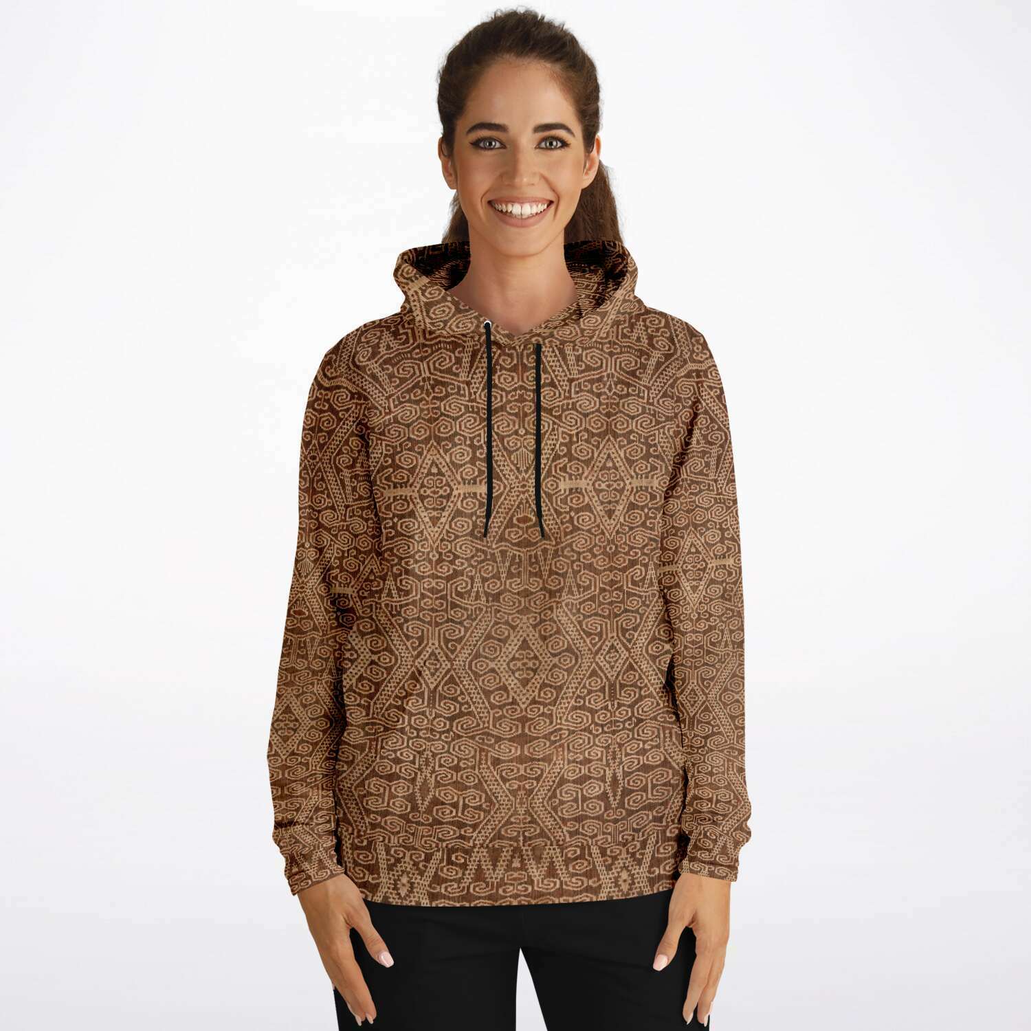 Rustic Ikat-Inspired Tan Boho Hippy Sacred Geometry Ethnic Asian Vintage Tribal Folk Art Pullover Hoodie