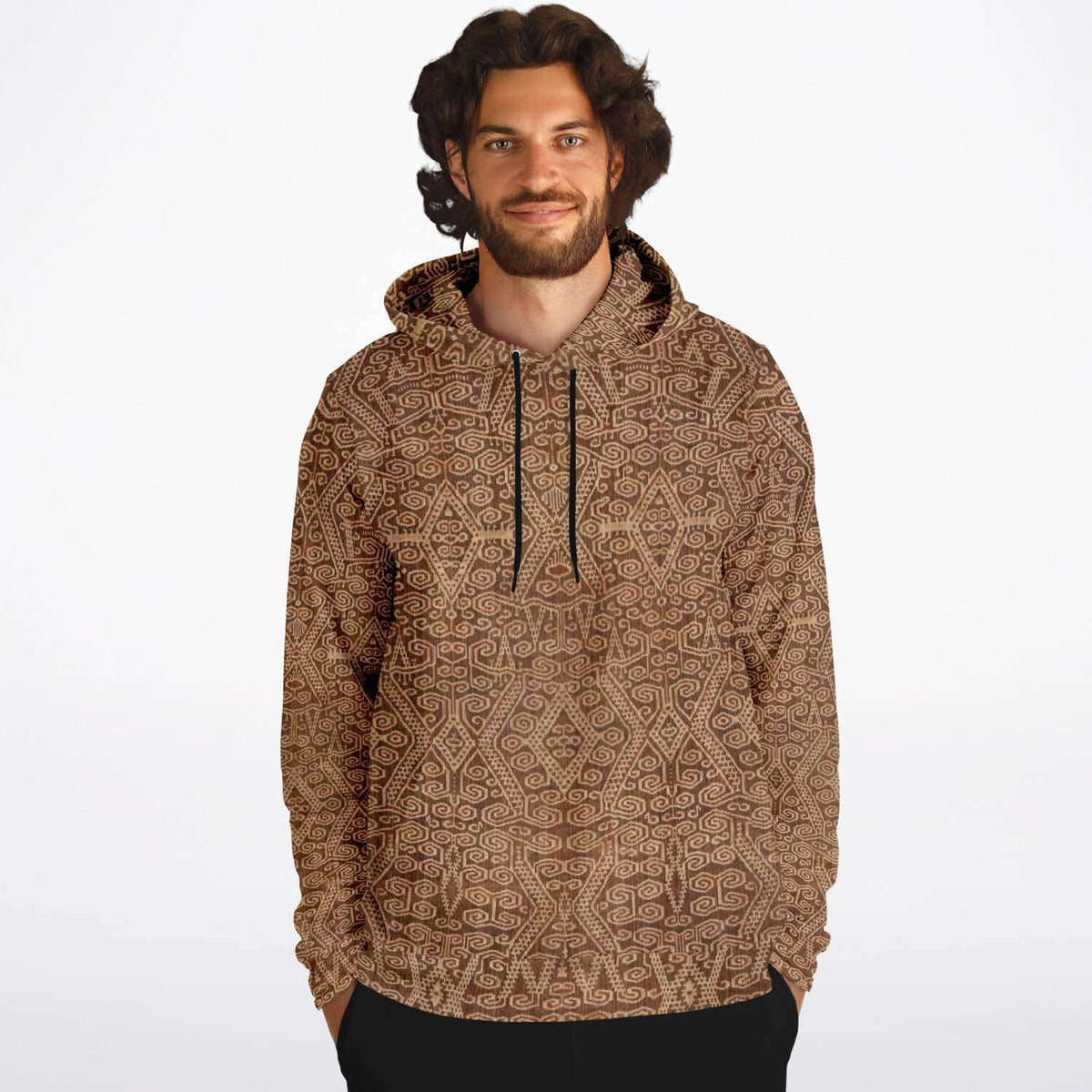 Rustic Ikat-Inspired Tan Boho Hippy Sacred Geometry Ethnic Asian Vintage Tribal Folk Art Pullover Hoodie