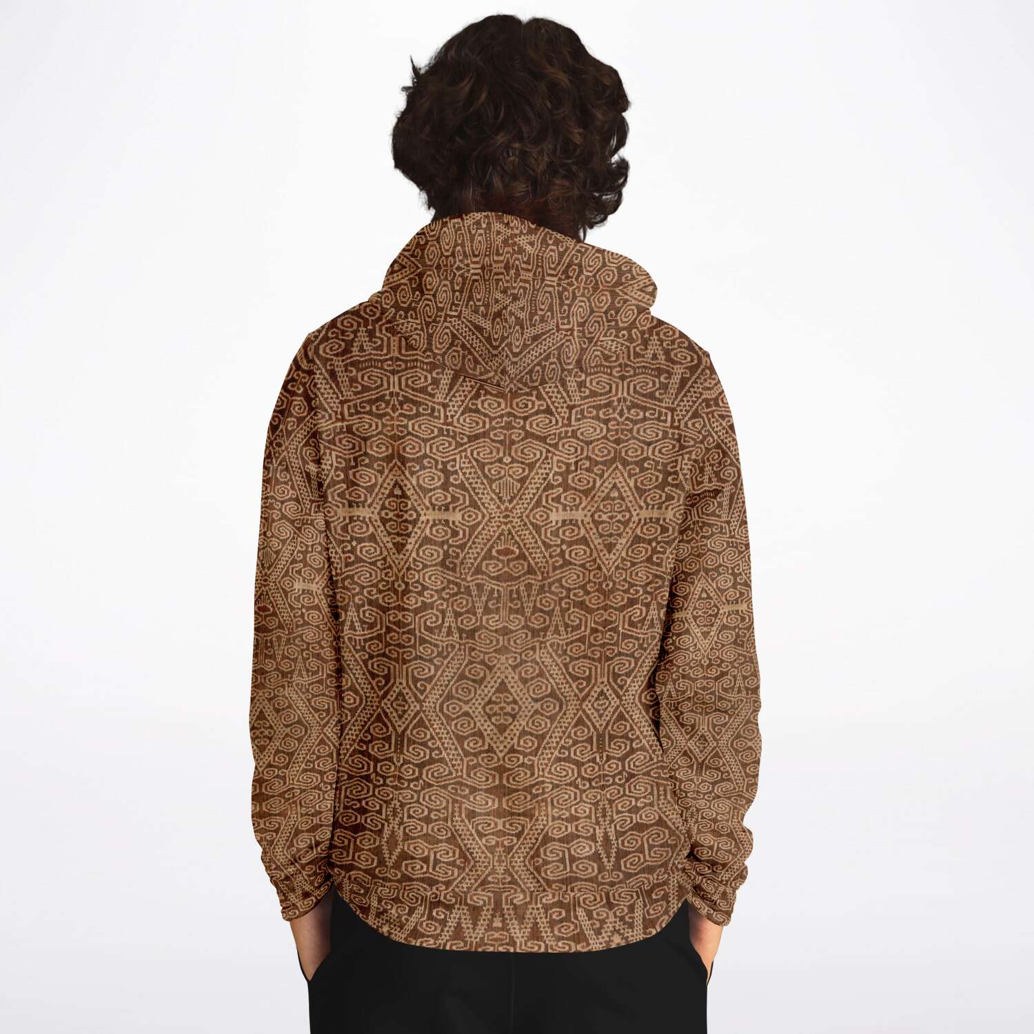 Rustic Ikat-Inspired Tan Boho Hippy Sacred Geometry Ethnic Asian Vintage Tribal Folk Art Pullover Hoodie