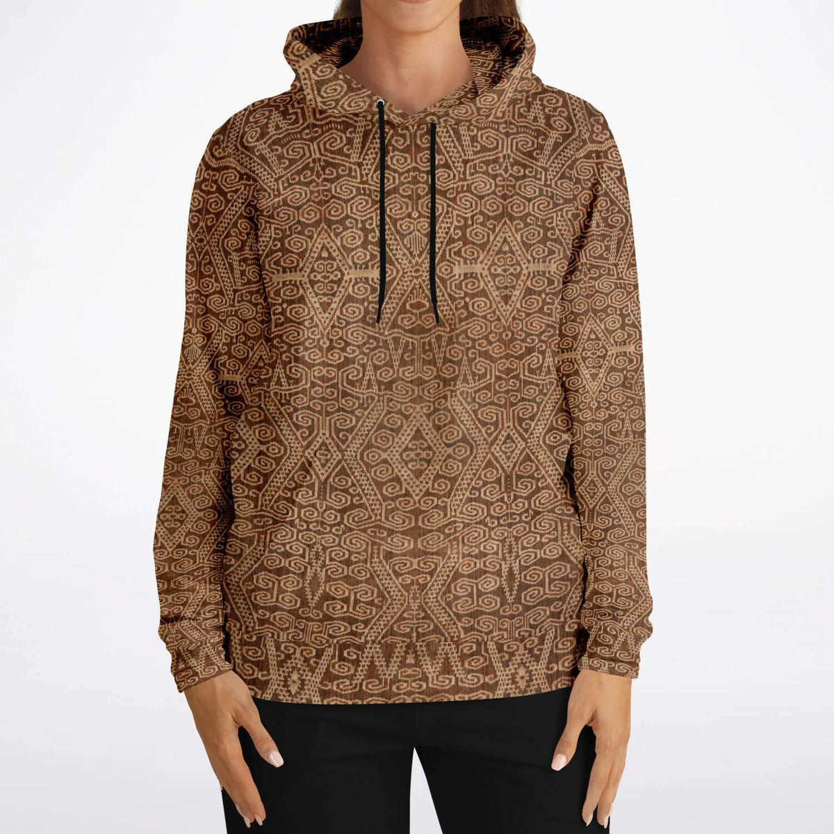 Rustic Ikat-Inspired Tan Boho Hippy Sacred Geometry Ethnic Asian Vintage Tribal Folk Art Pullover Hoodie