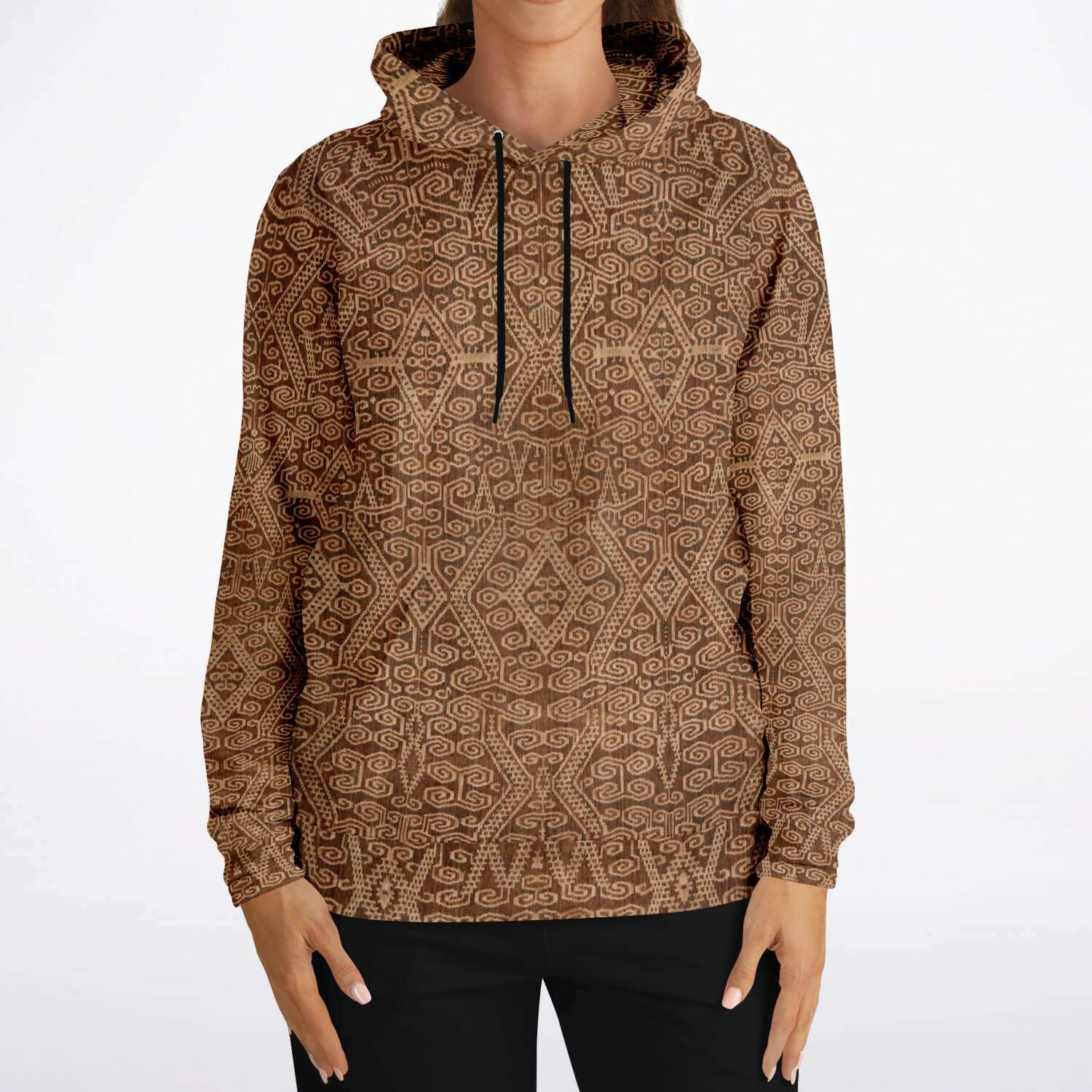 Rustic Ikat-Inspired Tan Boho Hippy Sacred Geometry Ethnic Asian Vintage Tribal Folk Art Pullover Hoodie