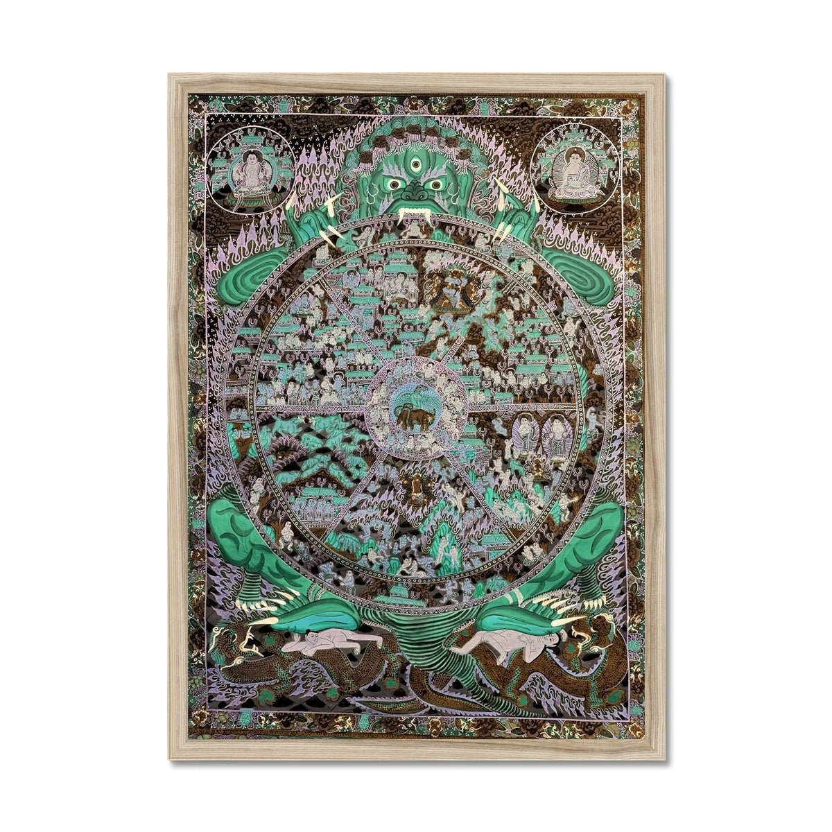 Framed Print 6"x8" / Natural Frame Samsara: The Circle of Transmigration Tibetan Buddhist Thangka Antique Framed Art Print