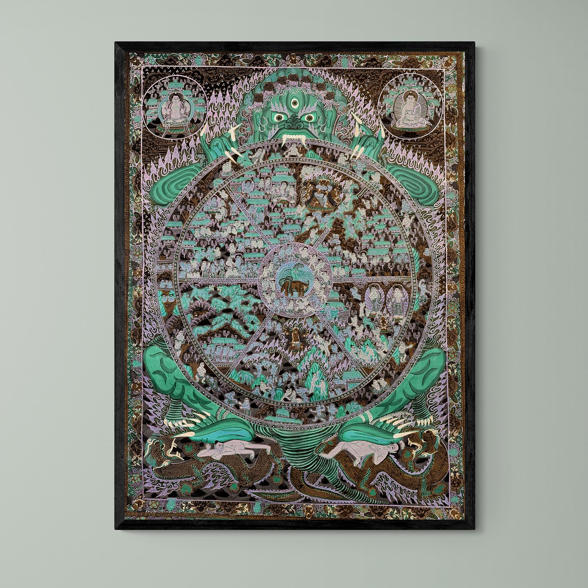 Framed Print 6"x8" / Black Frame Samsara: The Circle of Transmigration Tibetan Buddhist Thangka Antique Framed Art Print