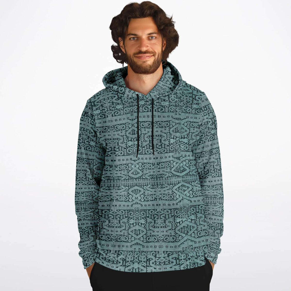 Sea Foam Ikat Hoodie, Inspired by Bali Indonesian Batiks, Kuba Cloth, Kilim | Tribal Boho Vintage Pullover Hoodie