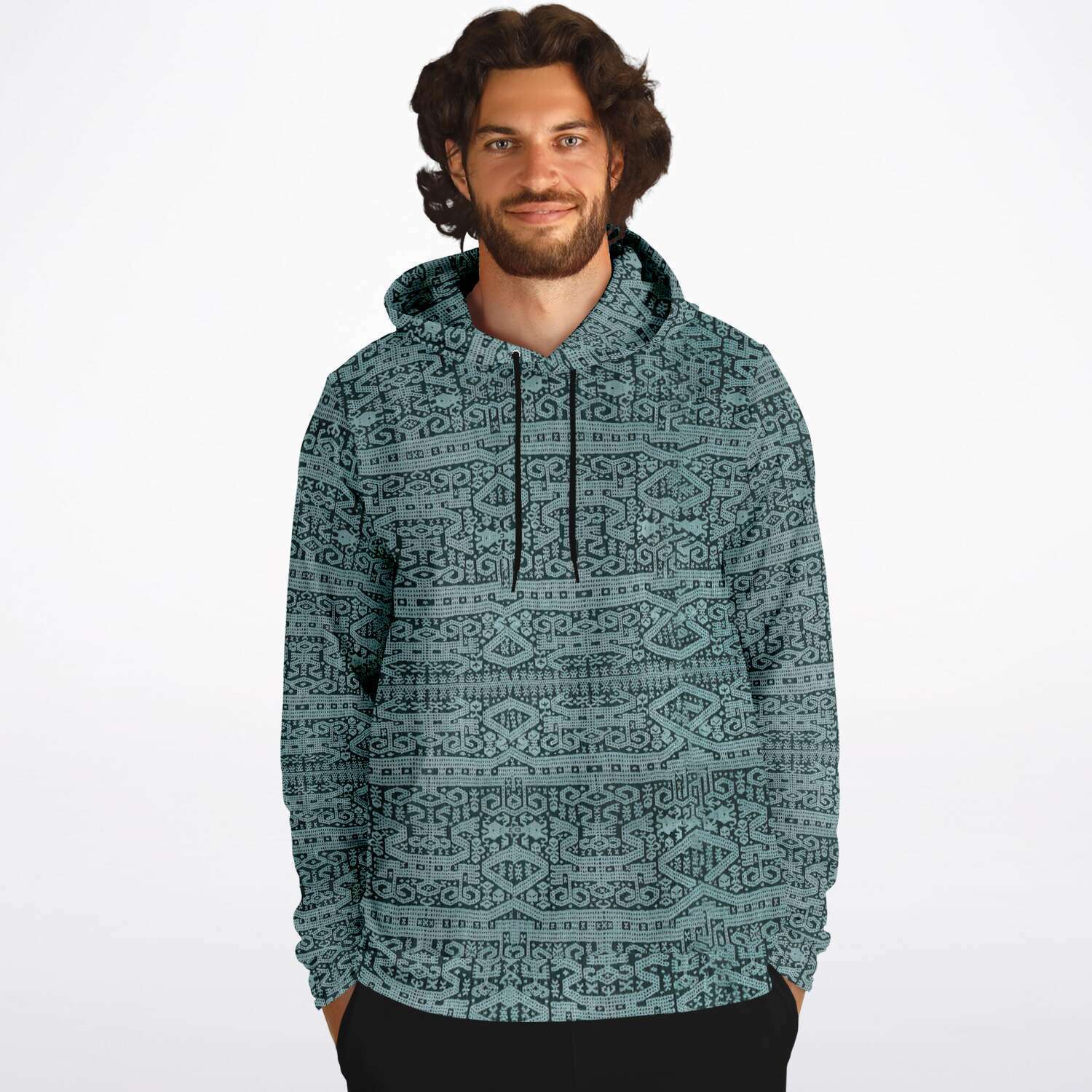 Sea Foam Ikat Hoodie, Inspired by Bali Indonesian Batiks, Kuba Cloth, Kilim | Tribal Boho Vintage Pullover Hoodie