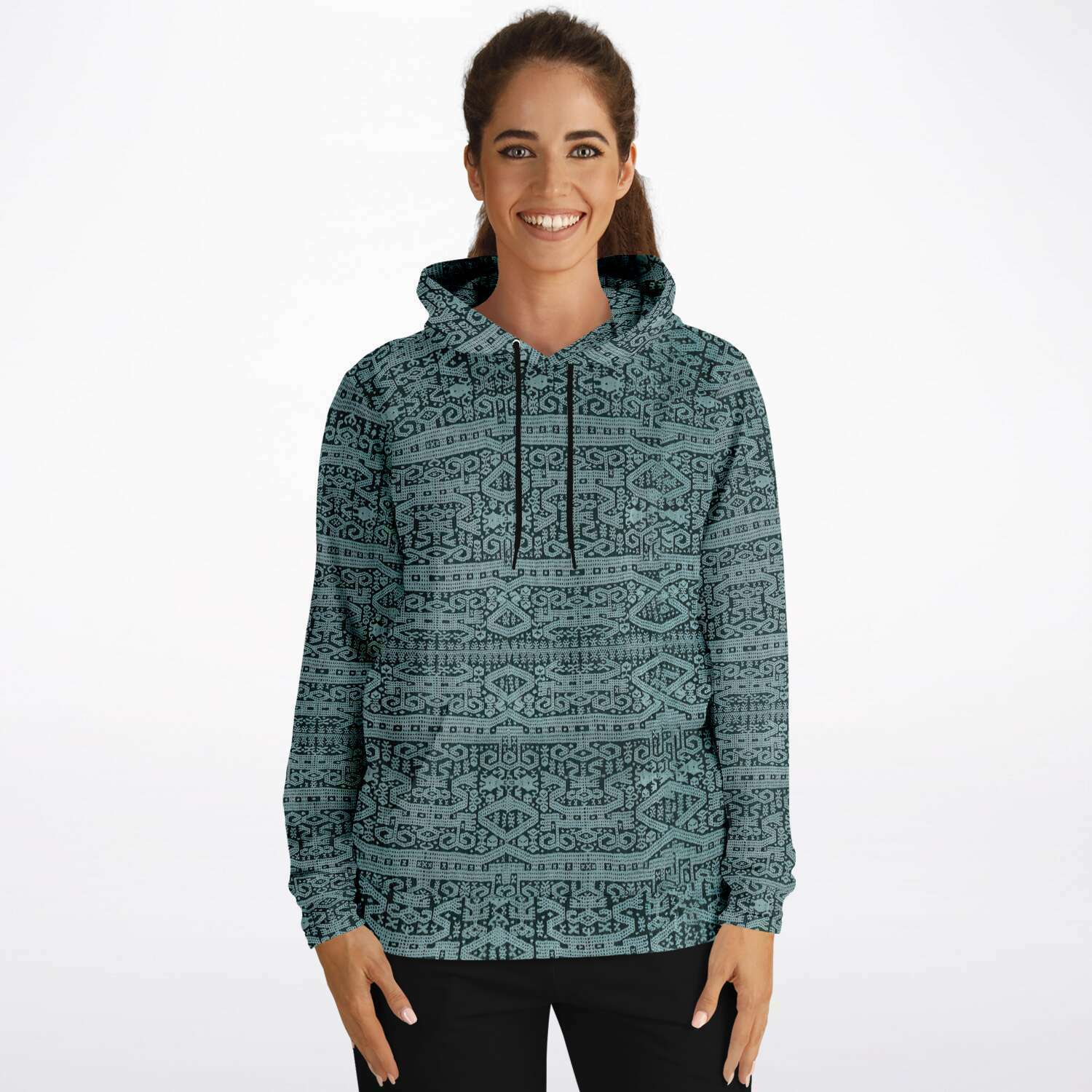 Sea Foam Ikat Hoodie, Inspired by Bali Indonesian Batiks, Kuba Cloth, Kilim | Tribal Boho Vintage Pullover Hoodie