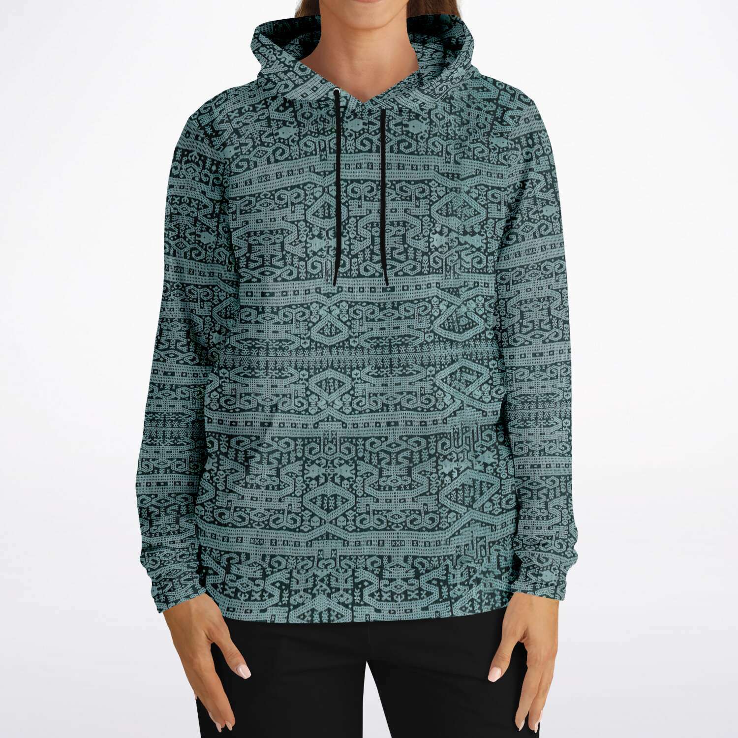 Sea Foam Ikat Hoodie, Inspired by Bali Indonesian Batiks, Kuba Cloth, Kilim | Tribal Boho Vintage Pullover Hoodie