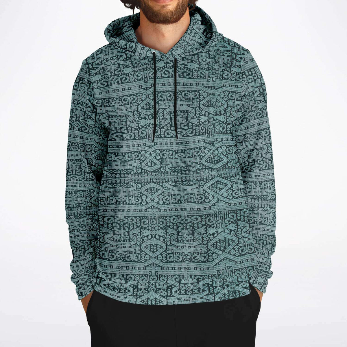 Sea Foam Ikat Hoodie, Inspired by Bali Indonesian Batiks, Kuba Cloth, Kilim | Tribal Boho Vintage Pullover Hoodie