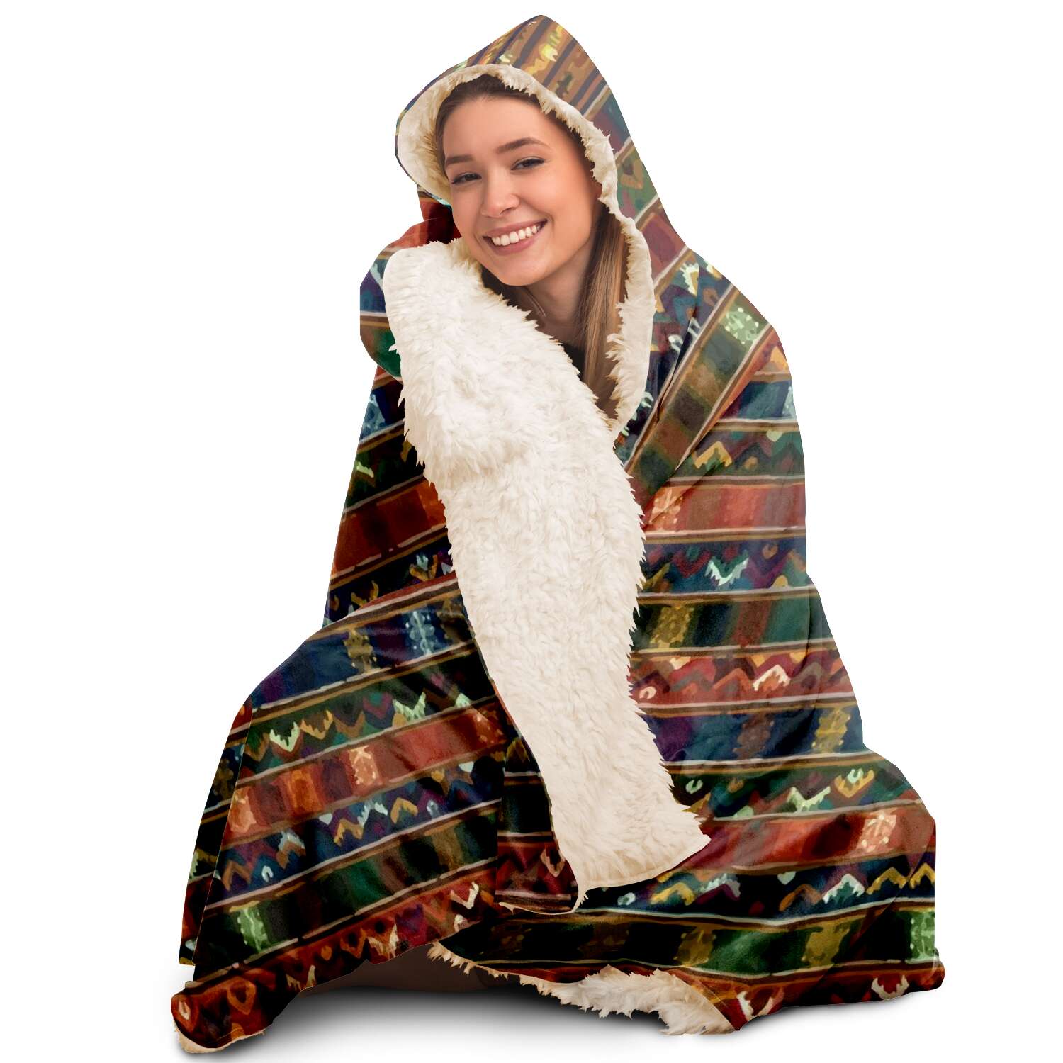 Hooded Blanket - AOP Sherpa Hooded Blanket, Kira Bhutan Traditional Design