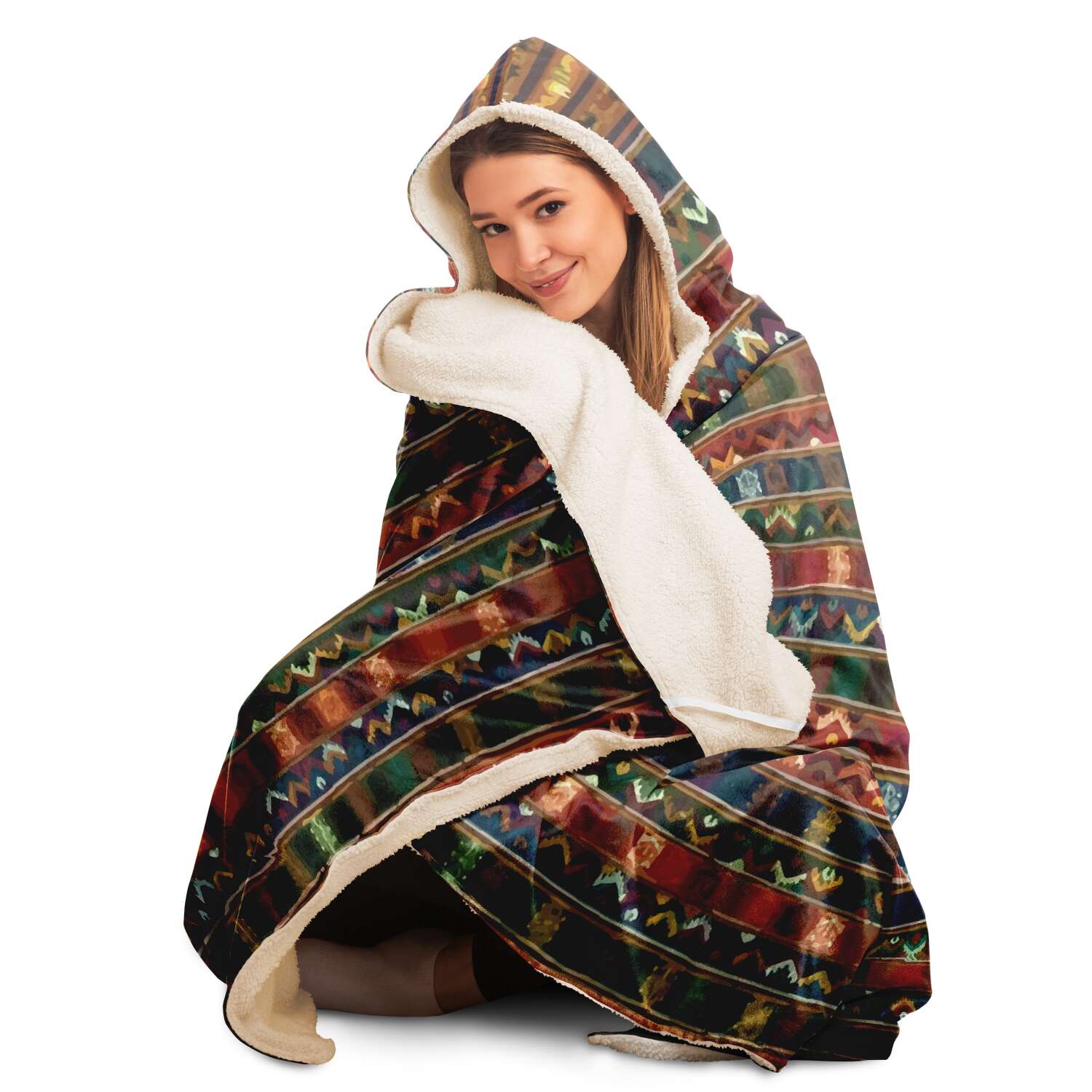 Hooded Blanket - AOP Sherpa Hooded Blanket, Kira Bhutan Traditional Design