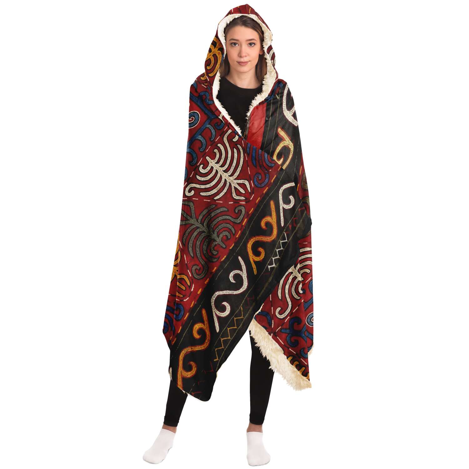 Hooded Blanket - AOP Sherpa Hooded Blanket, Kyrgyz Traditional Design (Central Asia) Asian Blanket