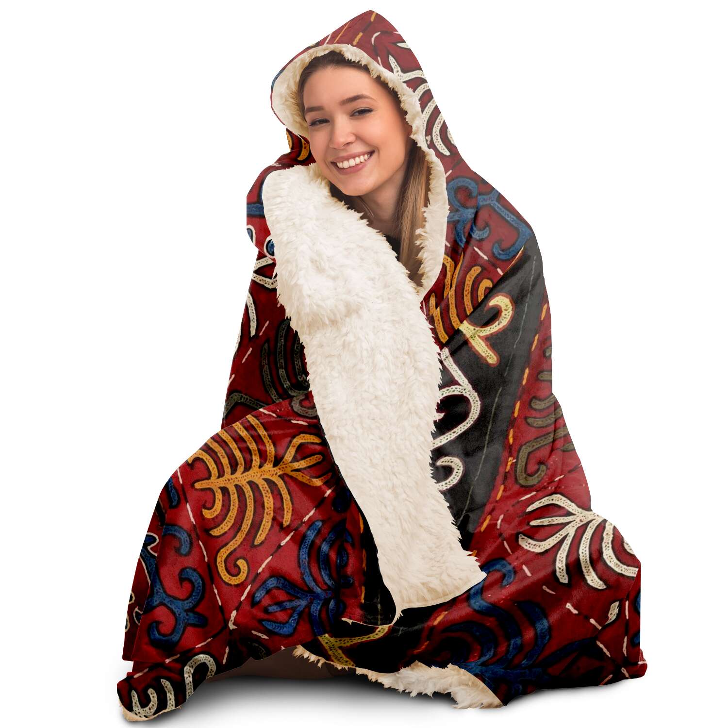 Hooded Blanket - AOP Sherpa Hooded Blanket, Kyrgyz Traditional Design (Central Asia) Asian Blanket