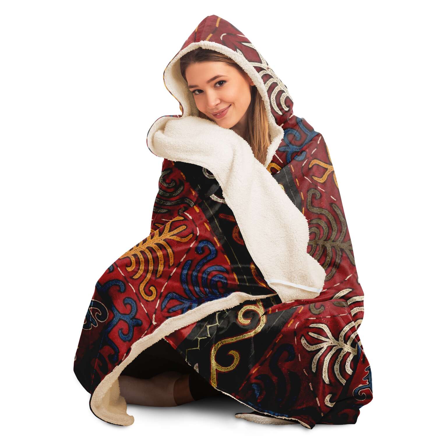 Hooded Blanket - AOP Sherpa Hooded Blanket, Kyrgyz Traditional Design (Central Asia) Asian Blanket