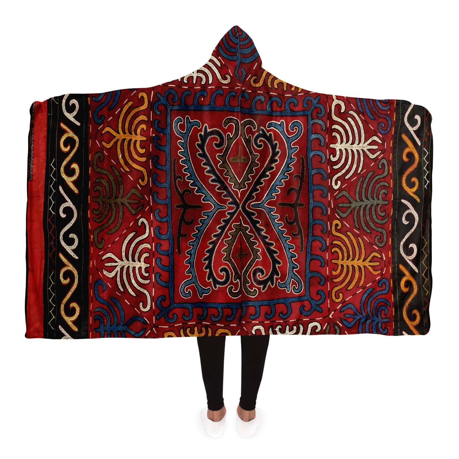 Hooded Blanket - AOP Adult / Premium Sherpa Sherpa Hooded Blanket, Kyrgyz Traditional Design (Central Asia) Asian Blanket