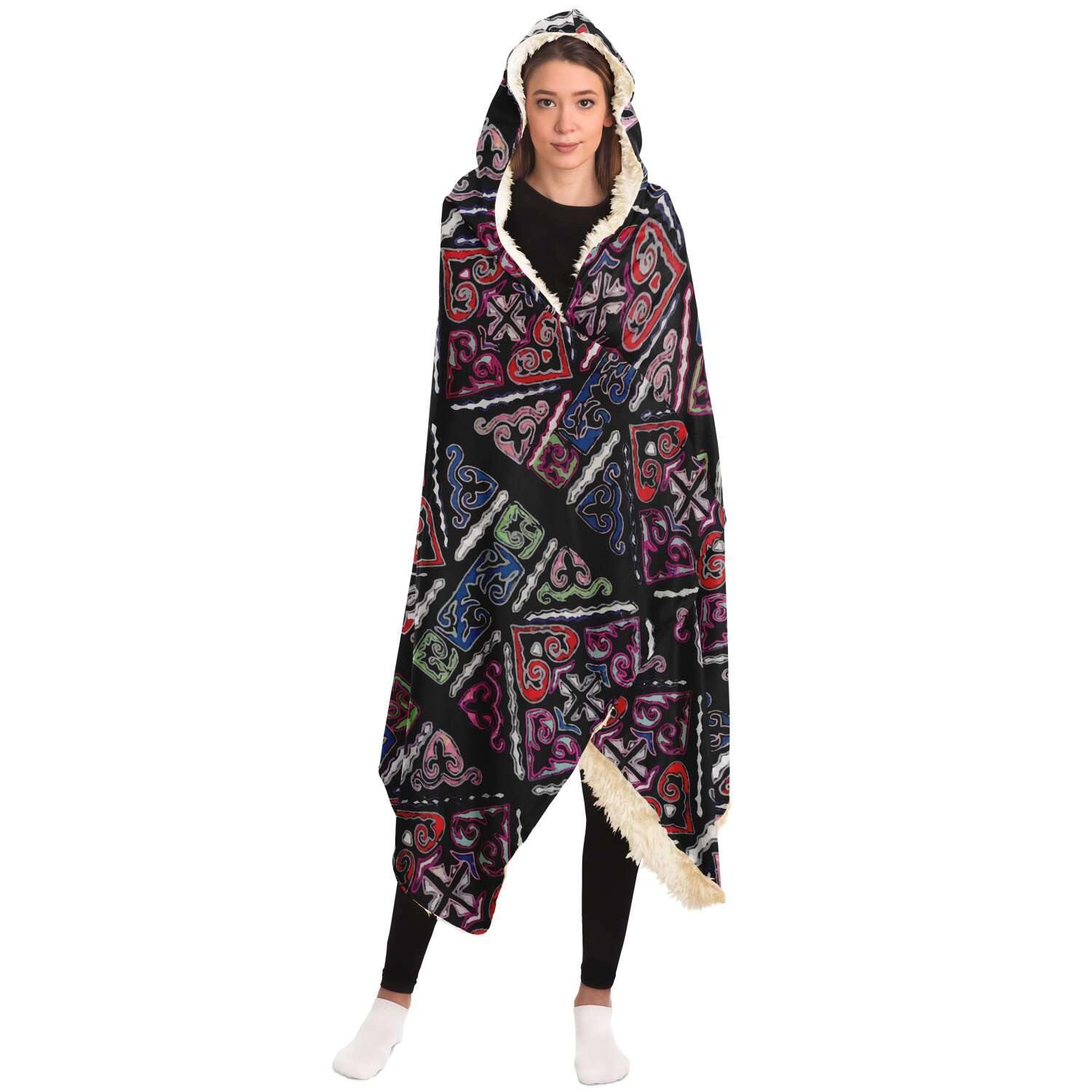 Sherpa Hooded Blanket, Miao Culture Antique, Traditional Design